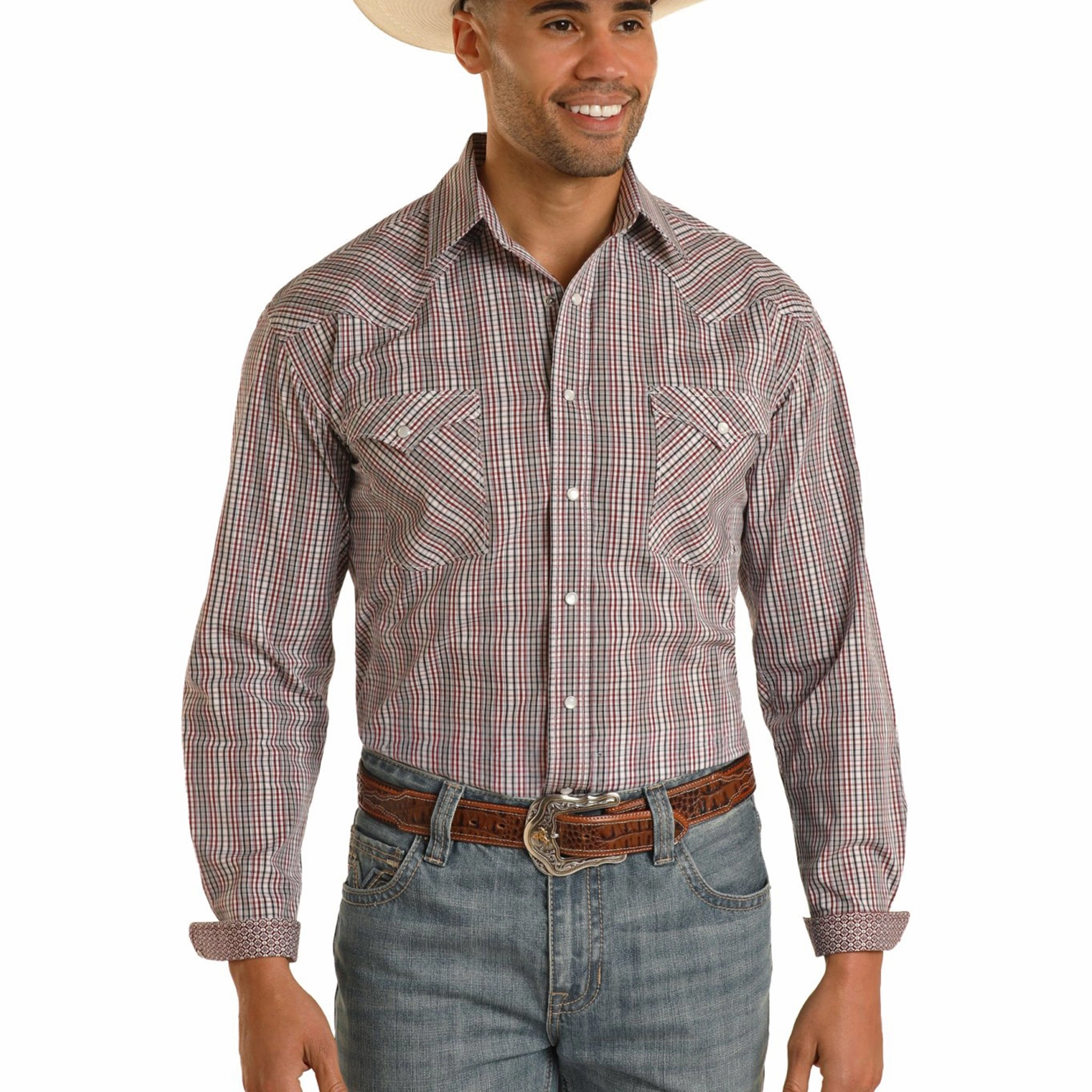 Tailored Cut Panhandle Men's Burgandy Checkered Long Sleeve