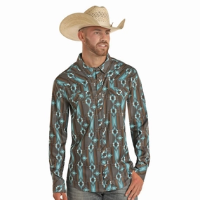 Panhandle Men's Teal Aztec Long Sleeve Round Collar