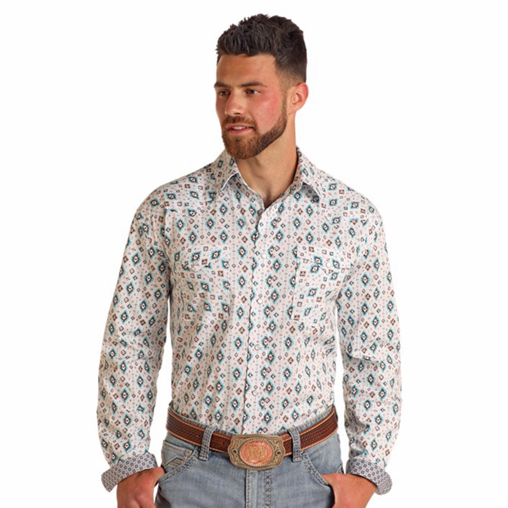 Clean Edge Trim Active Wear Panhandle Men's Turquoise Diamond Print Shirt