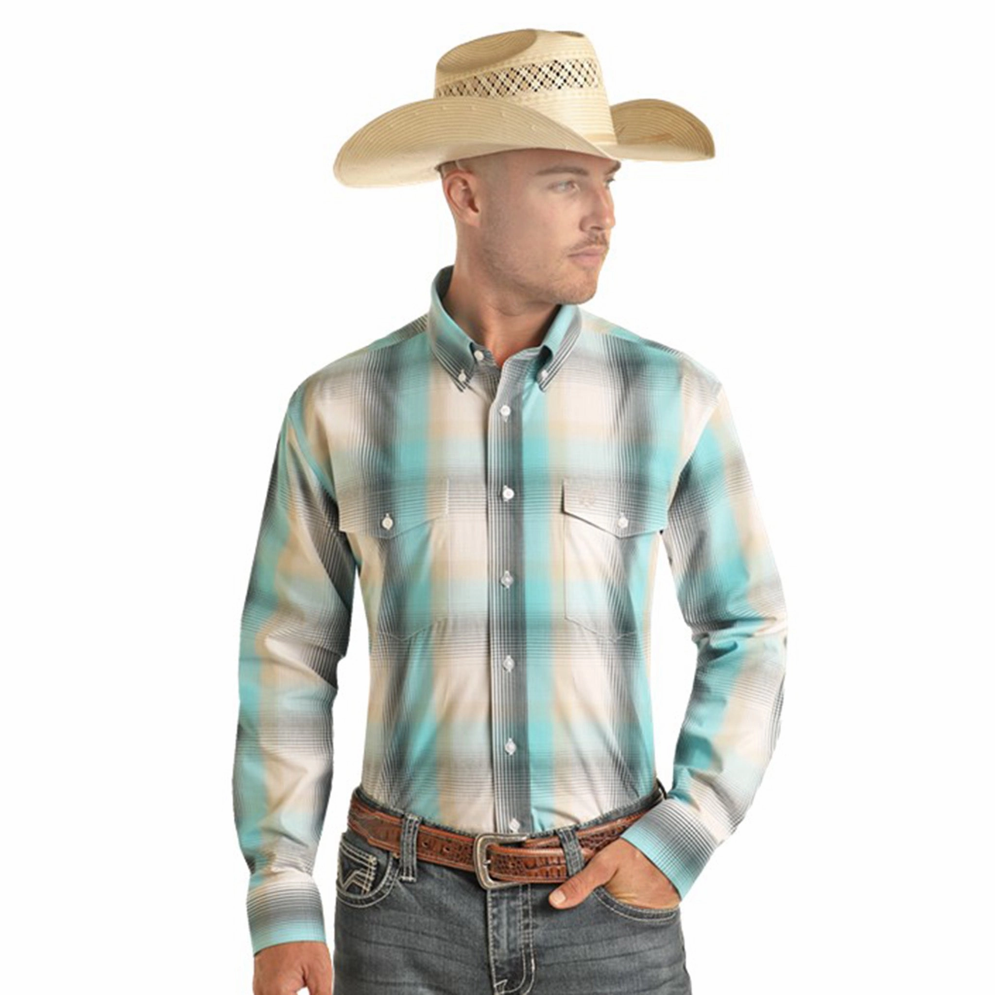 Panhandle Men's Turquoise Plaid Long Sleeve Fashionable Comfort fade resistant color