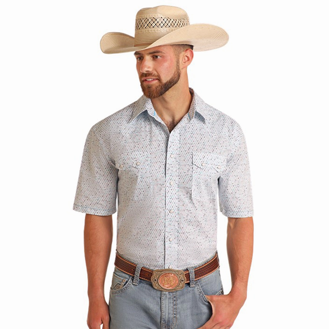Panhandle Men's White, Grey & Blue Geo Print Short Sleeve Runway Inspired Hiking Gear