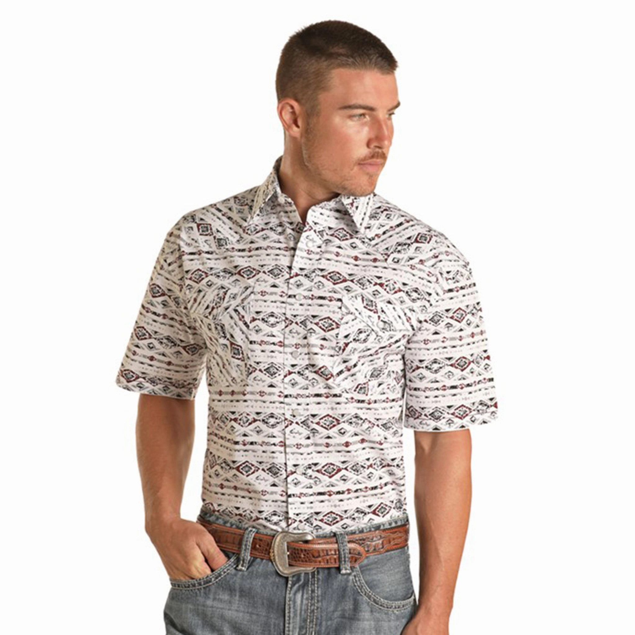 Boho chic High-End Finish Panhandle Men's White/Red Aztec Shirt