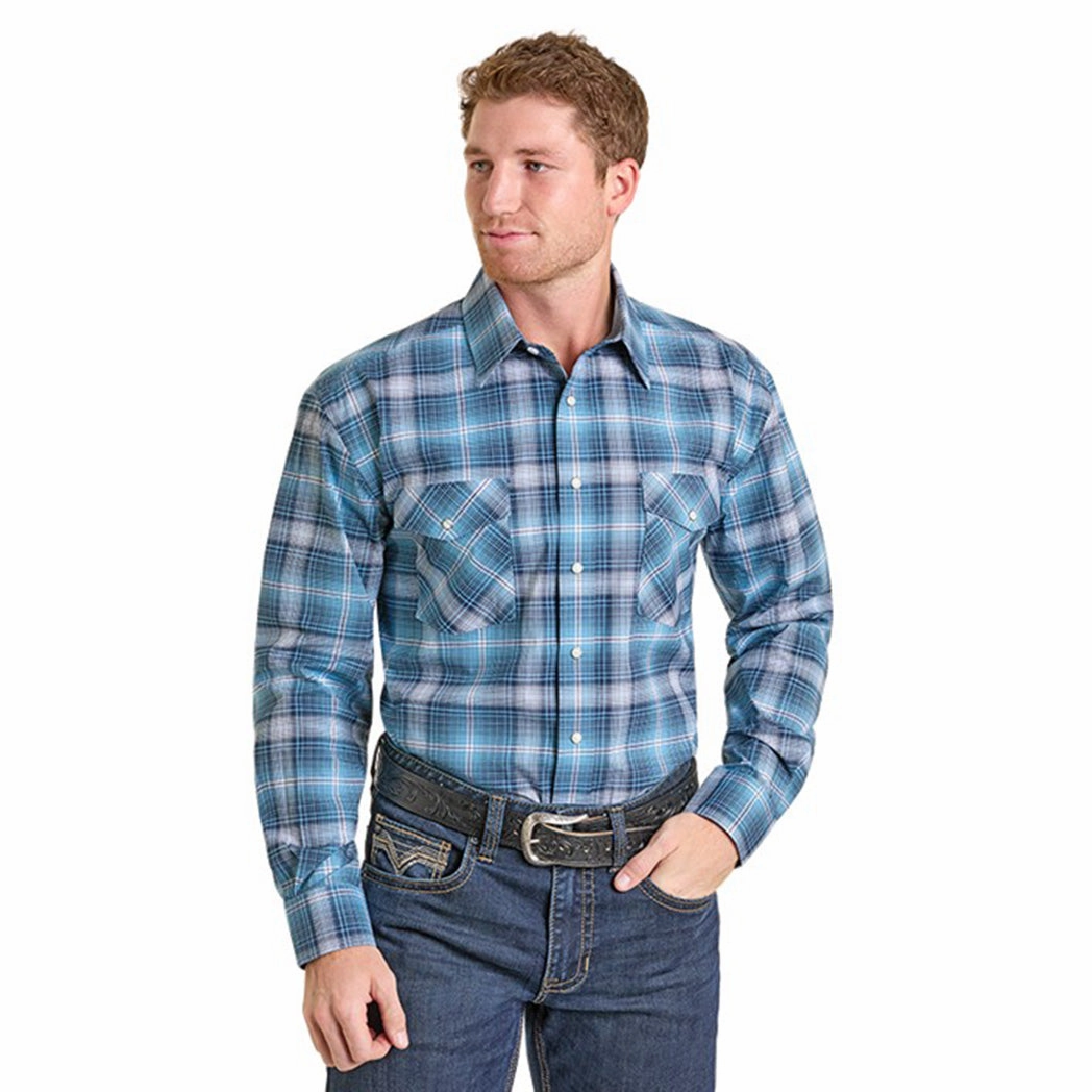 Panhandle Slim Mens Blue Plaid Long Sleeve Button Down Pocket Detailing