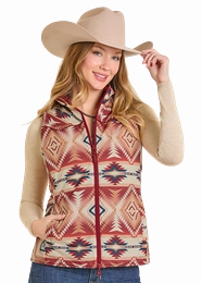 Panhandle Slim Red Reversible Aztec and Quilted Vest ConvertibleCollar