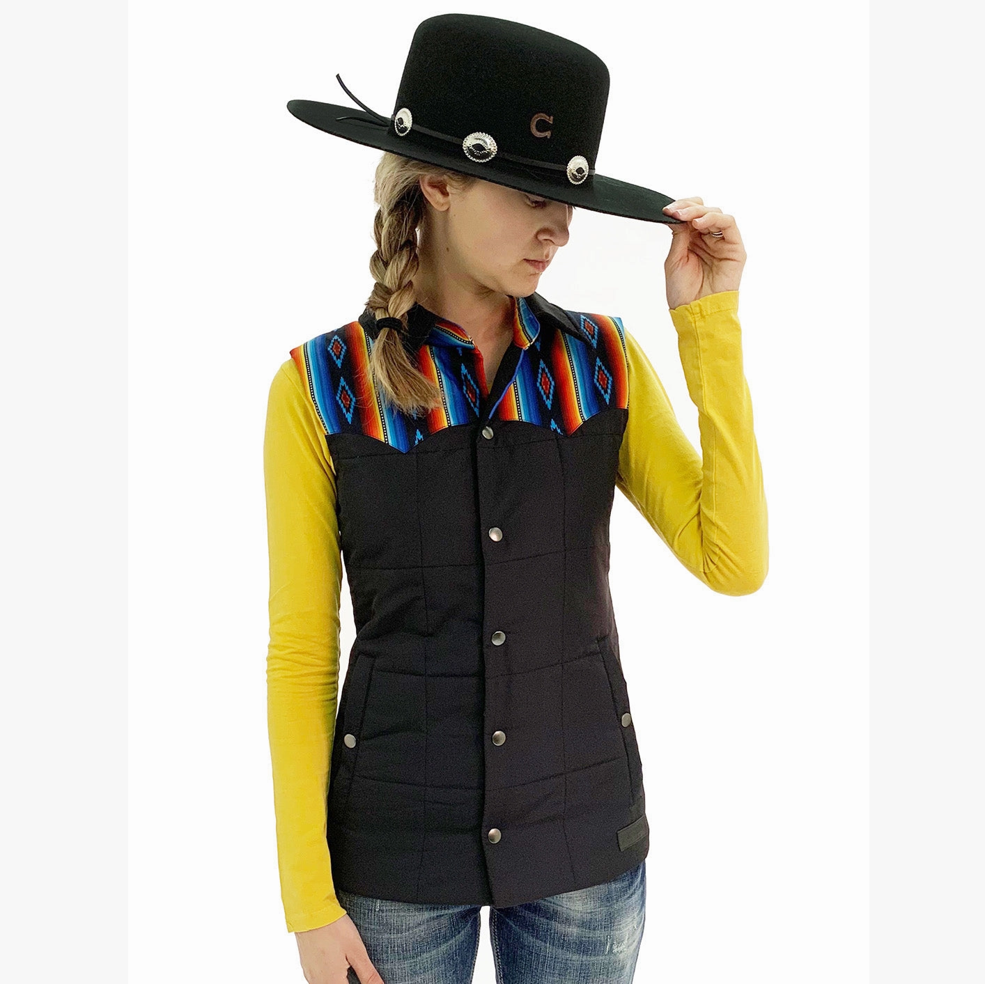 Panhandle Slim Women's Black Aztec Yoke Vest Multi Pocket Design Warmth Retention Technology