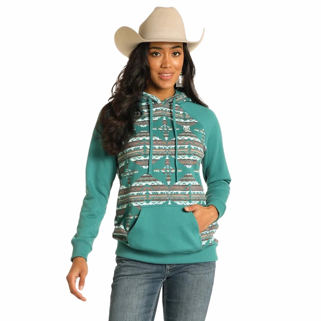 Panhandle Slim Women's Teal Contrast Sleeve Aztec Hoodie Ethical Manufacturing SeamlessShoulderPanels