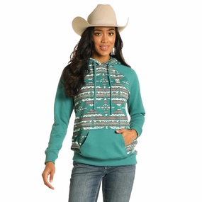 Panhandle Slim Women's Teal Contrast Sleeve Aztec Hoodie Ethical Manufacturing SeamlessShoulderPanels