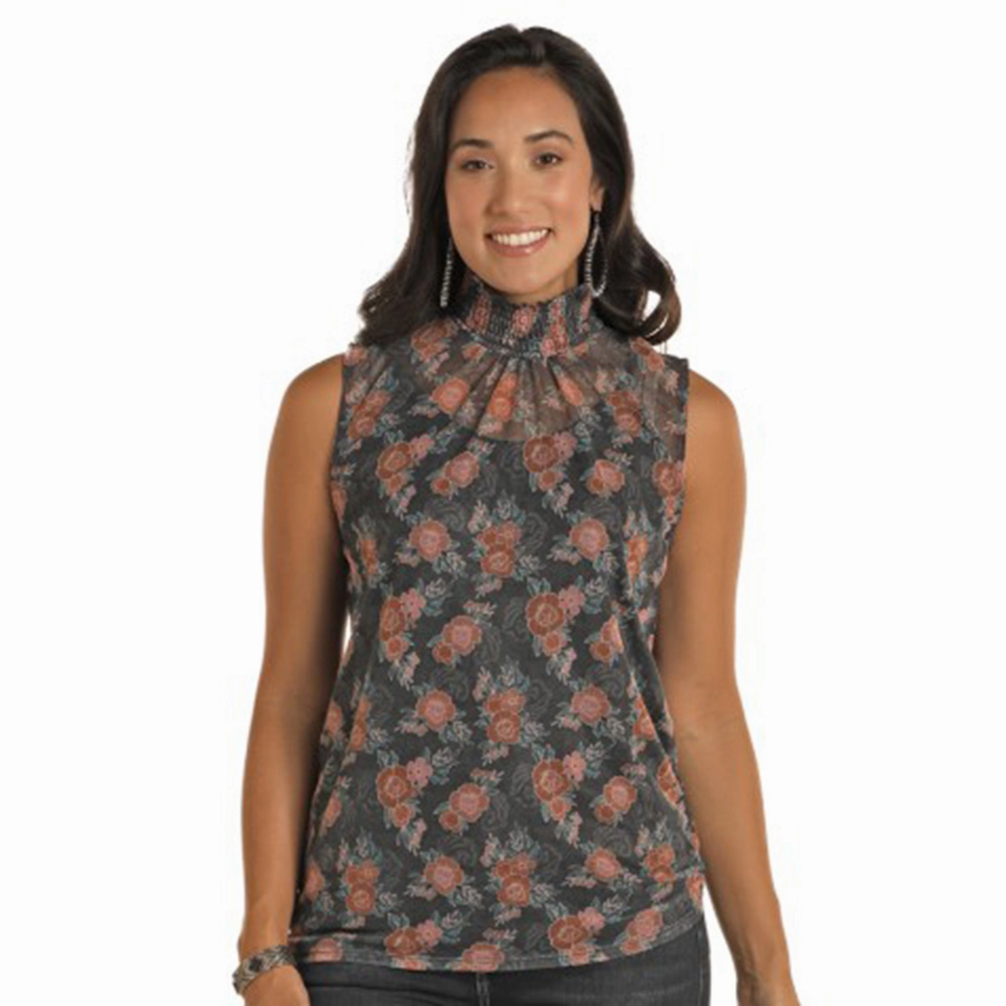 Panhandle Women's Black Mesh Rose Smock Tank AllDay Comfort Tech