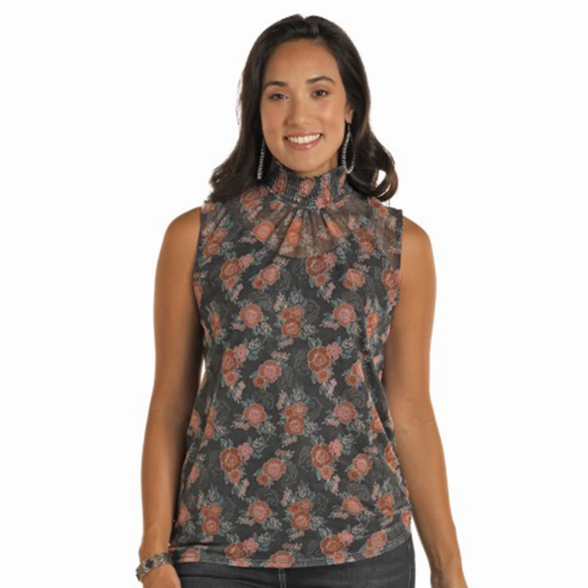 Panhandle Women's Black Mesh Rose Smock Tank RibbedTrims CollapsibleFrame