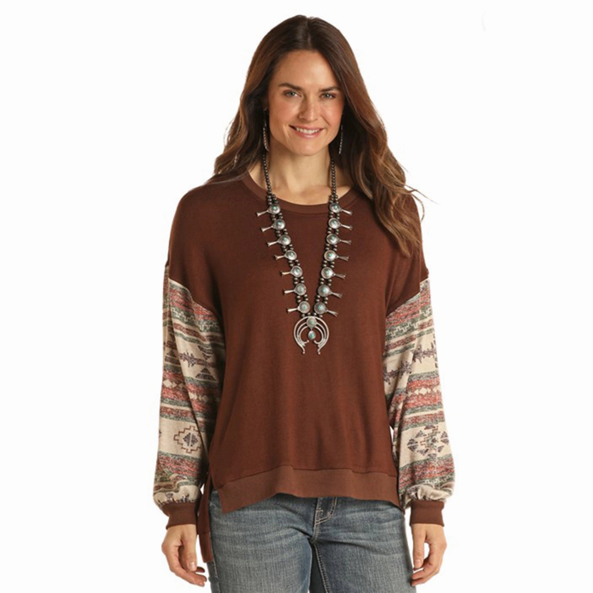 Panhandle Women's Chocolate Aztec Sweater Smooth Zipper Integration LayeringFriendly Weight