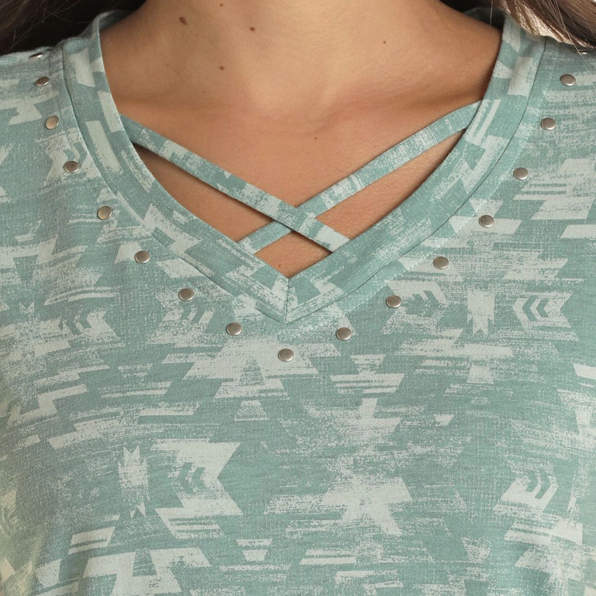 Double Needle Stitching Anti Bacterial Layer Panhandle Women's Criss Cross Aqua T-Shirt