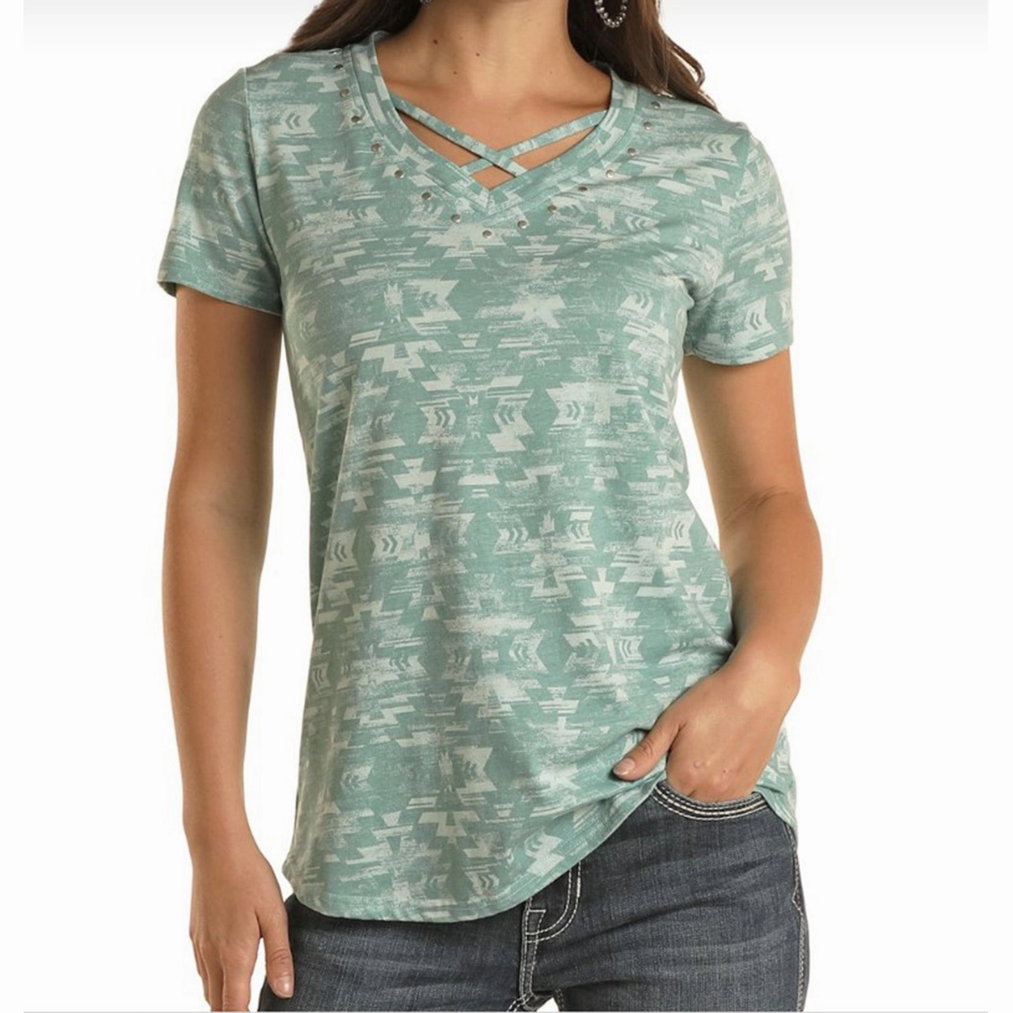 Panhandle Women's Criss Cross Aqua T-Shirt FourWayStretchFabric TonalStitching