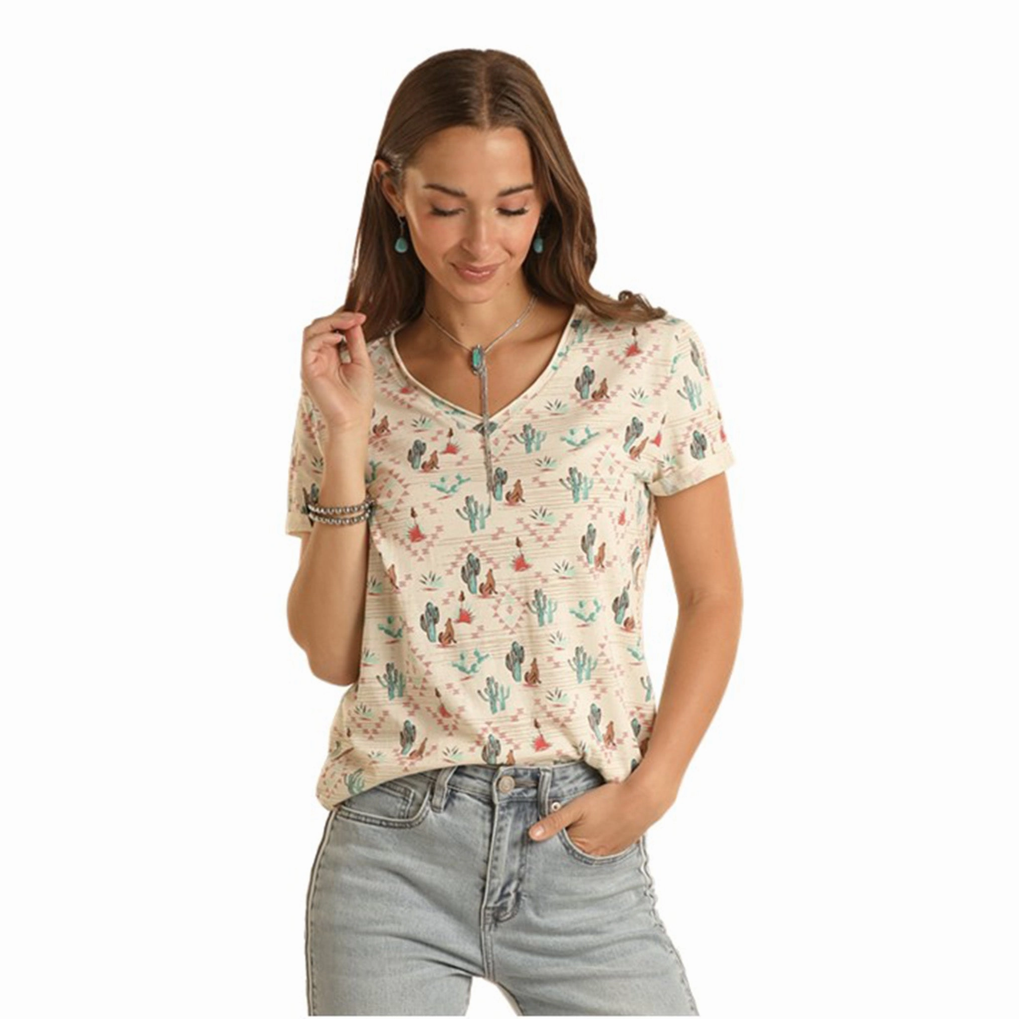 PlacketDetail Grid Back Panel Panhandle Women's Desert Scene T-shirt