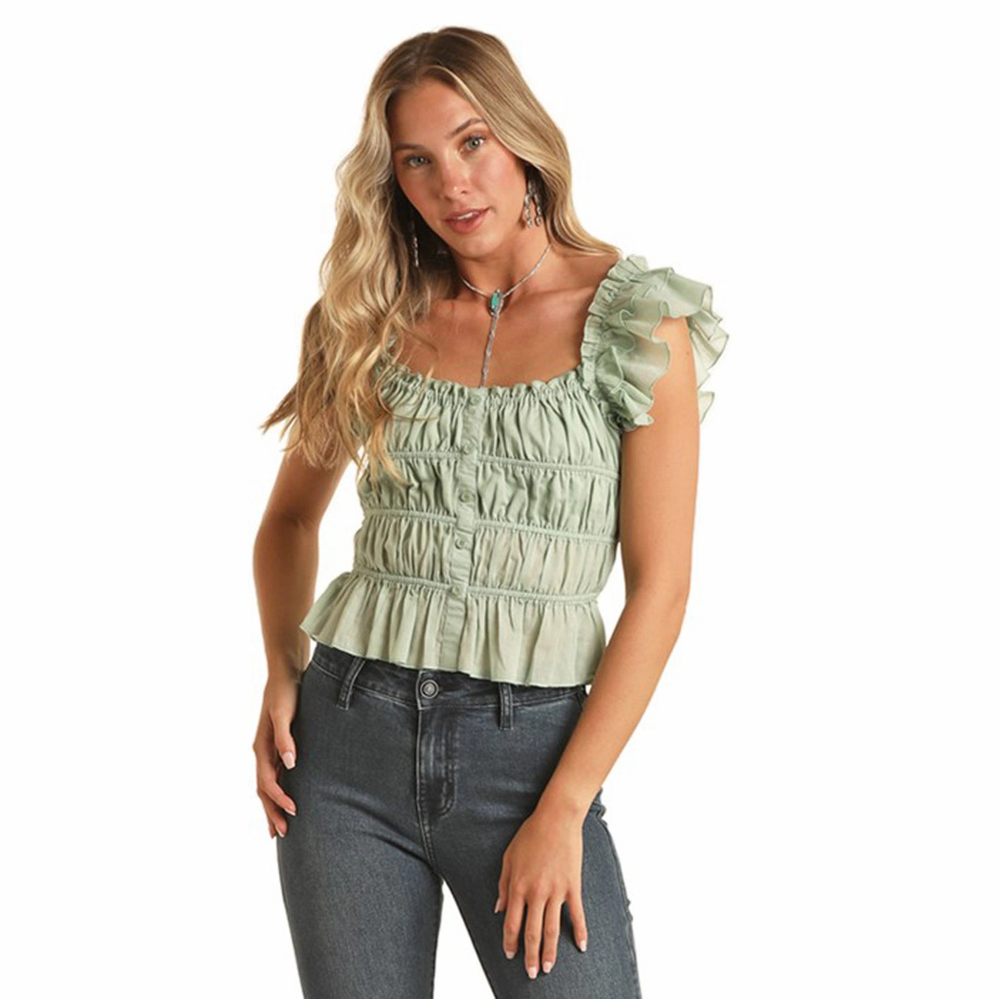 Raw Edge Detail Panhandle Women's Jade Rouched Crop Tank