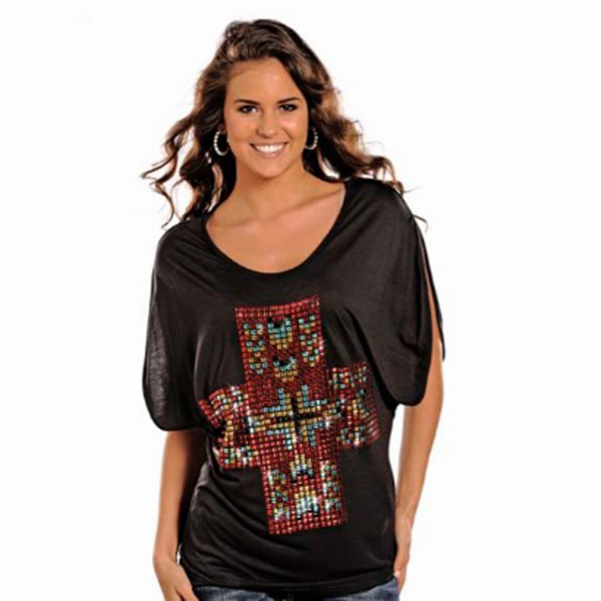 Layered Neckline HoodedVersion Panhandle Women's Multi Gem Cross Shirt