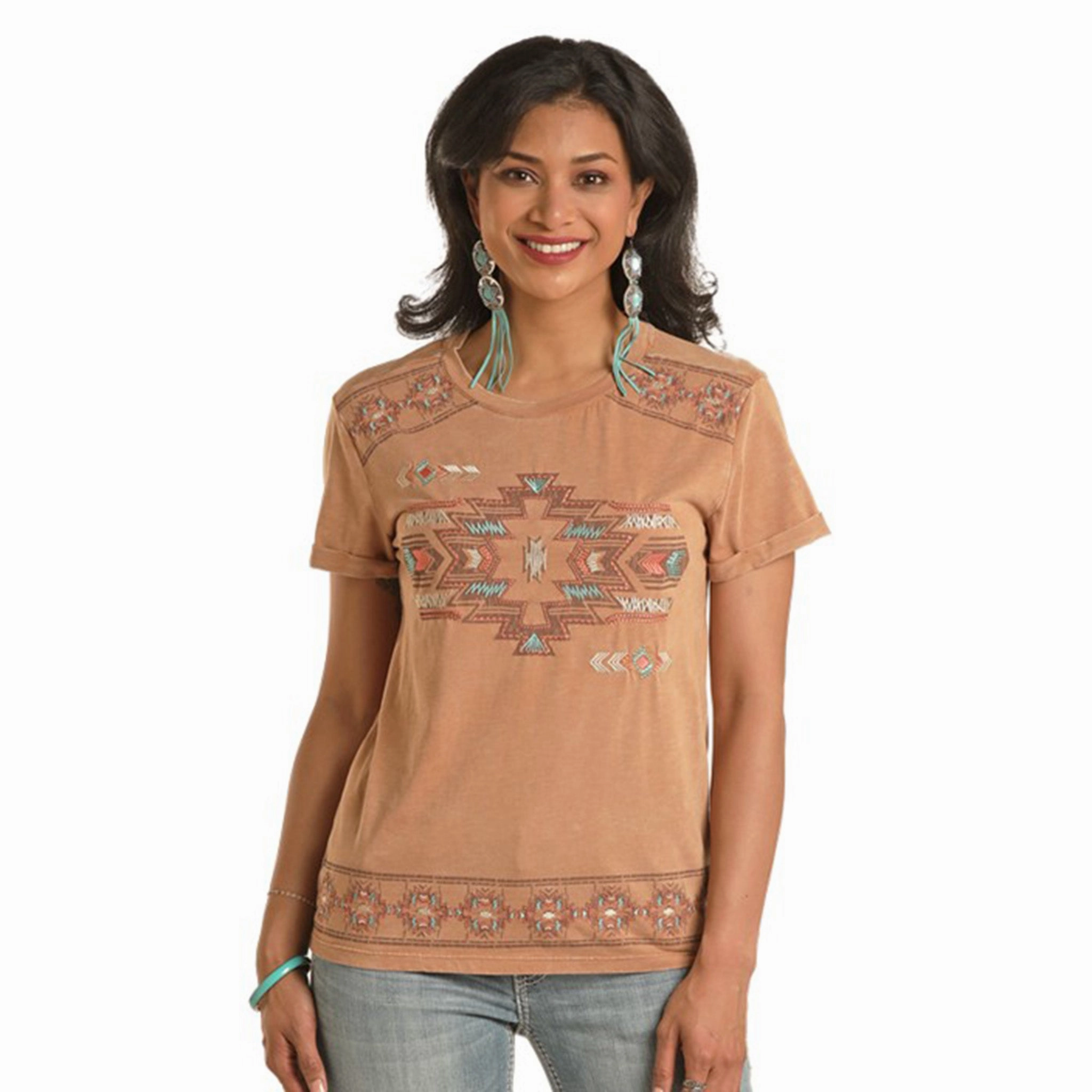 Panhandle Women's Tan Aztec Tee DropShoulderConstruction Organic Cotton Fiber