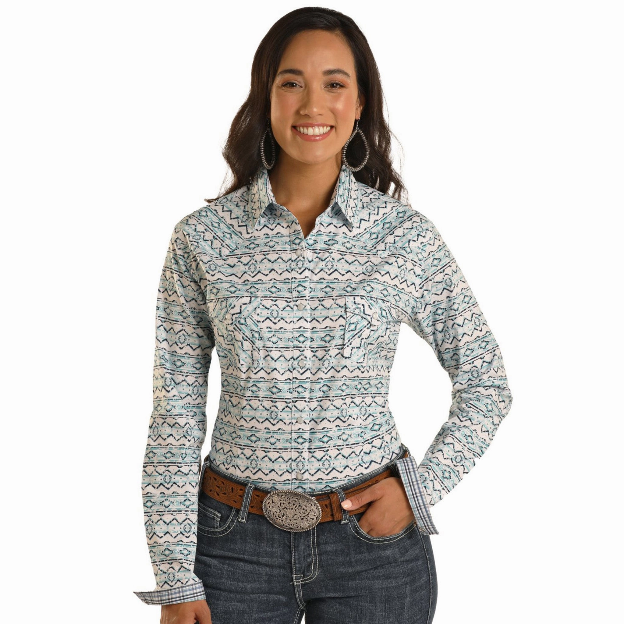 TurtleneckDesign Panhandle Women's White & Blue Aztec Print Shirt