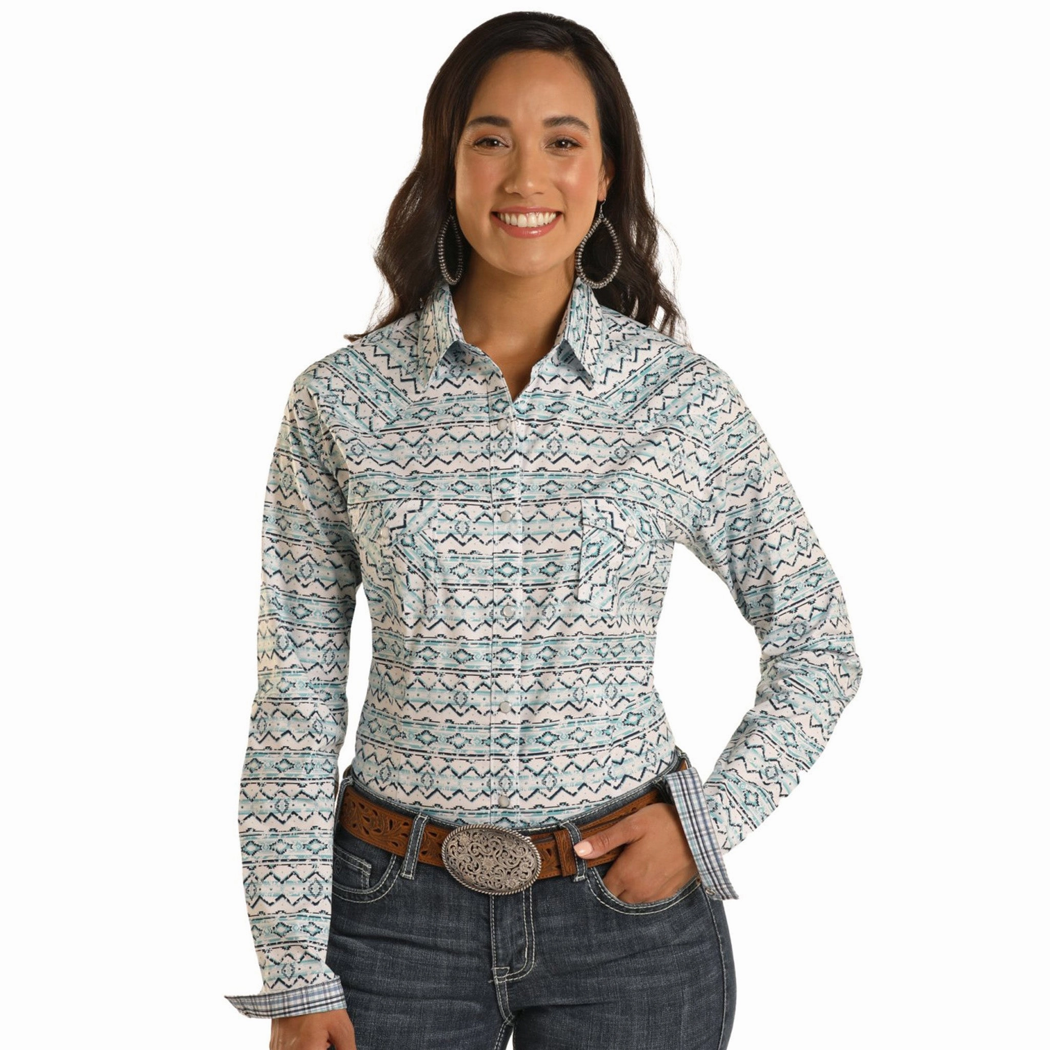 Panhandle Women's White & Blue Aztec Print Shirt HiddenStoragePocket Thermal Regulation Fabric