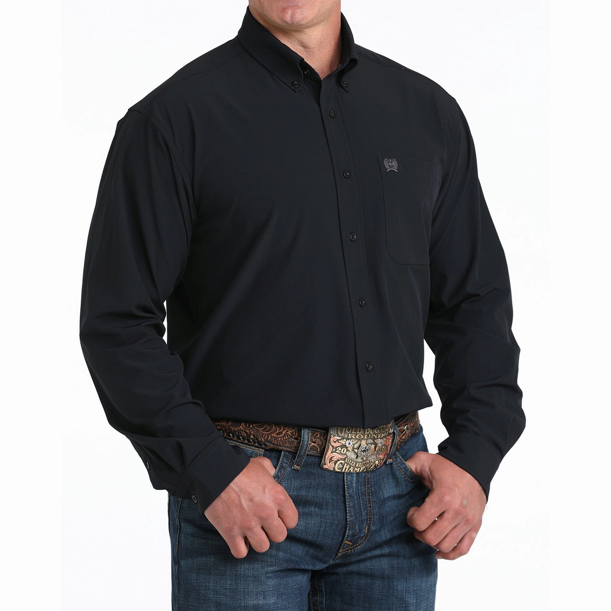 Cinch Men's Solid Black Arena Flex Long Sleeve Shirt Quick-Dry