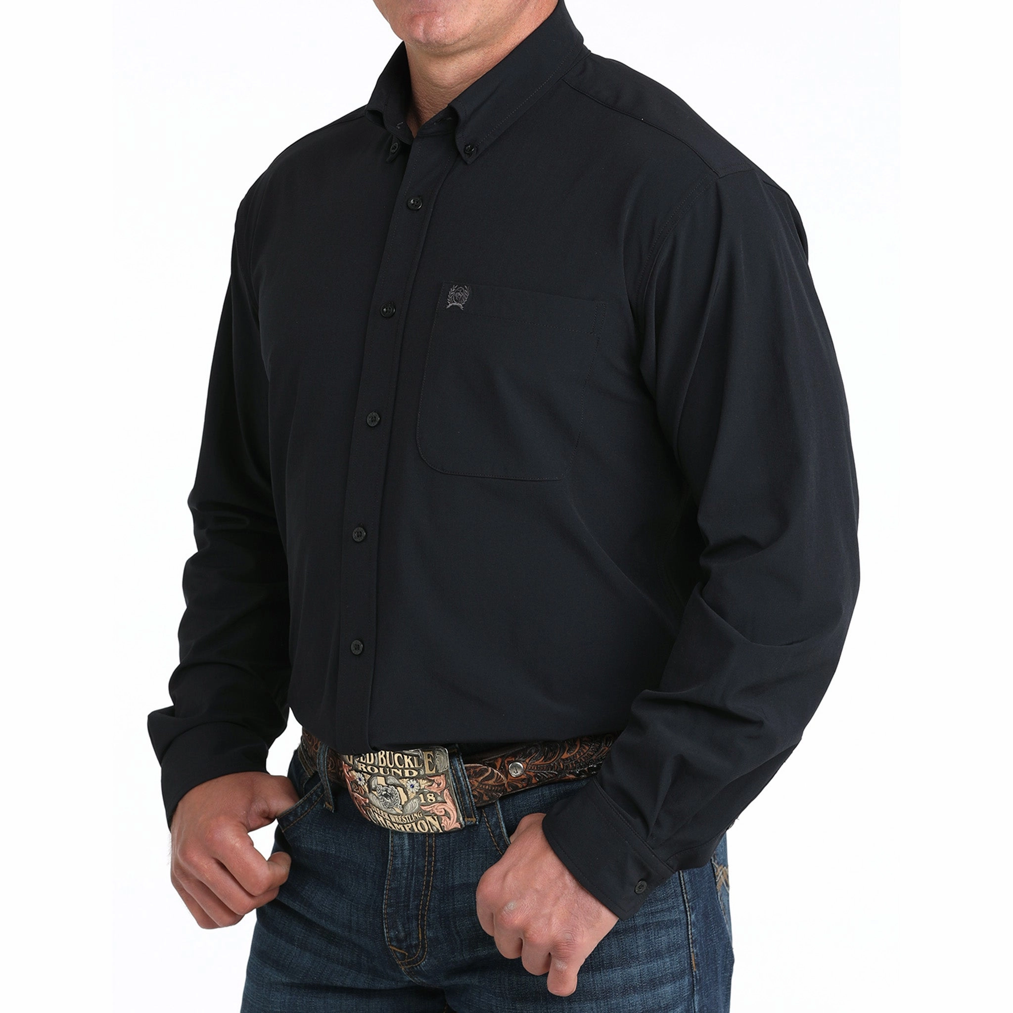 Cinch Men's Solid Black Arena Flex Long Sleeve Shirt Stretchable Cloth