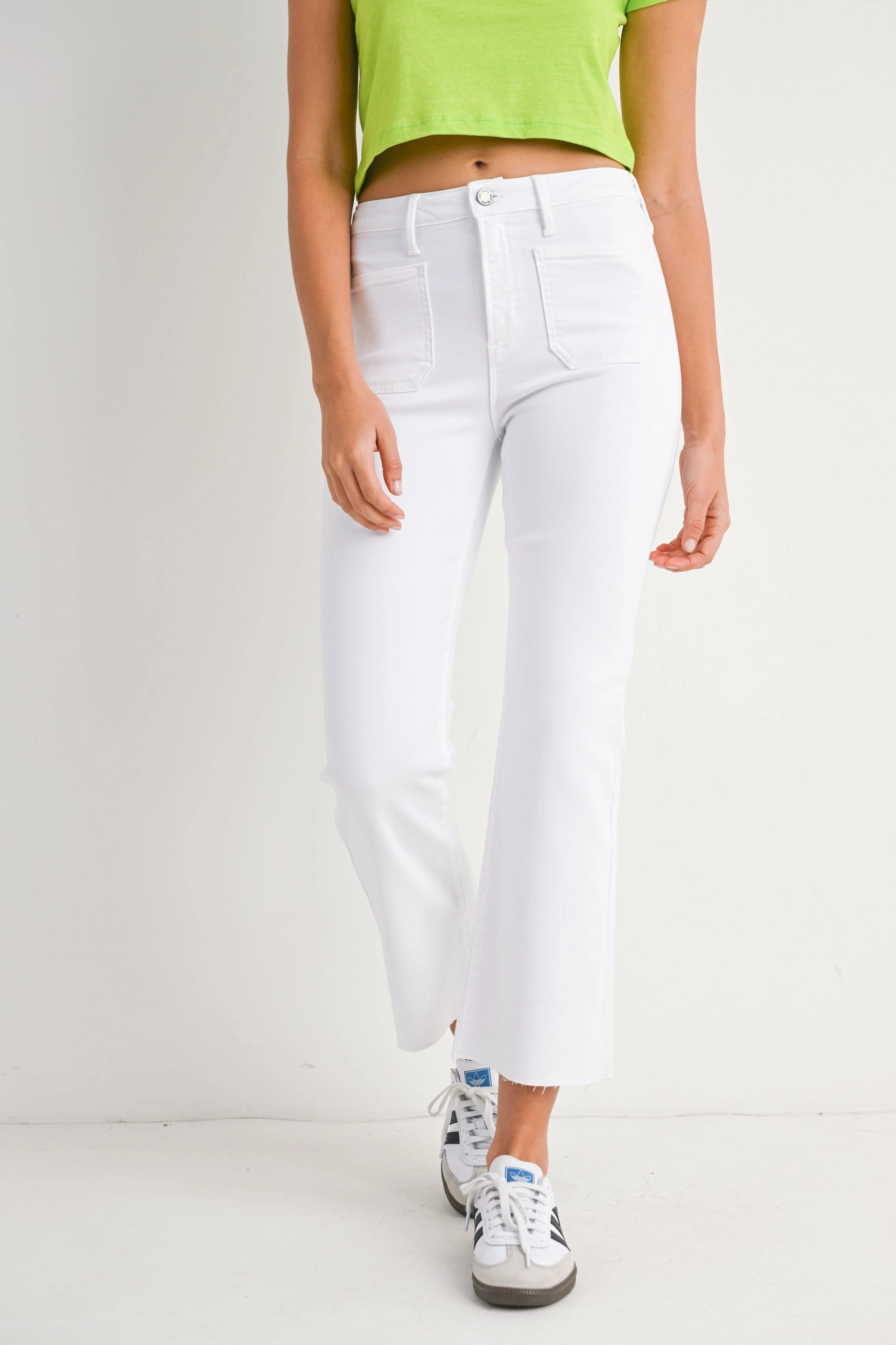 Patch Pocket Cropped Flare Jeans in Optic White Wardrobe Choice Teen Outfit Bold Urban Explorer