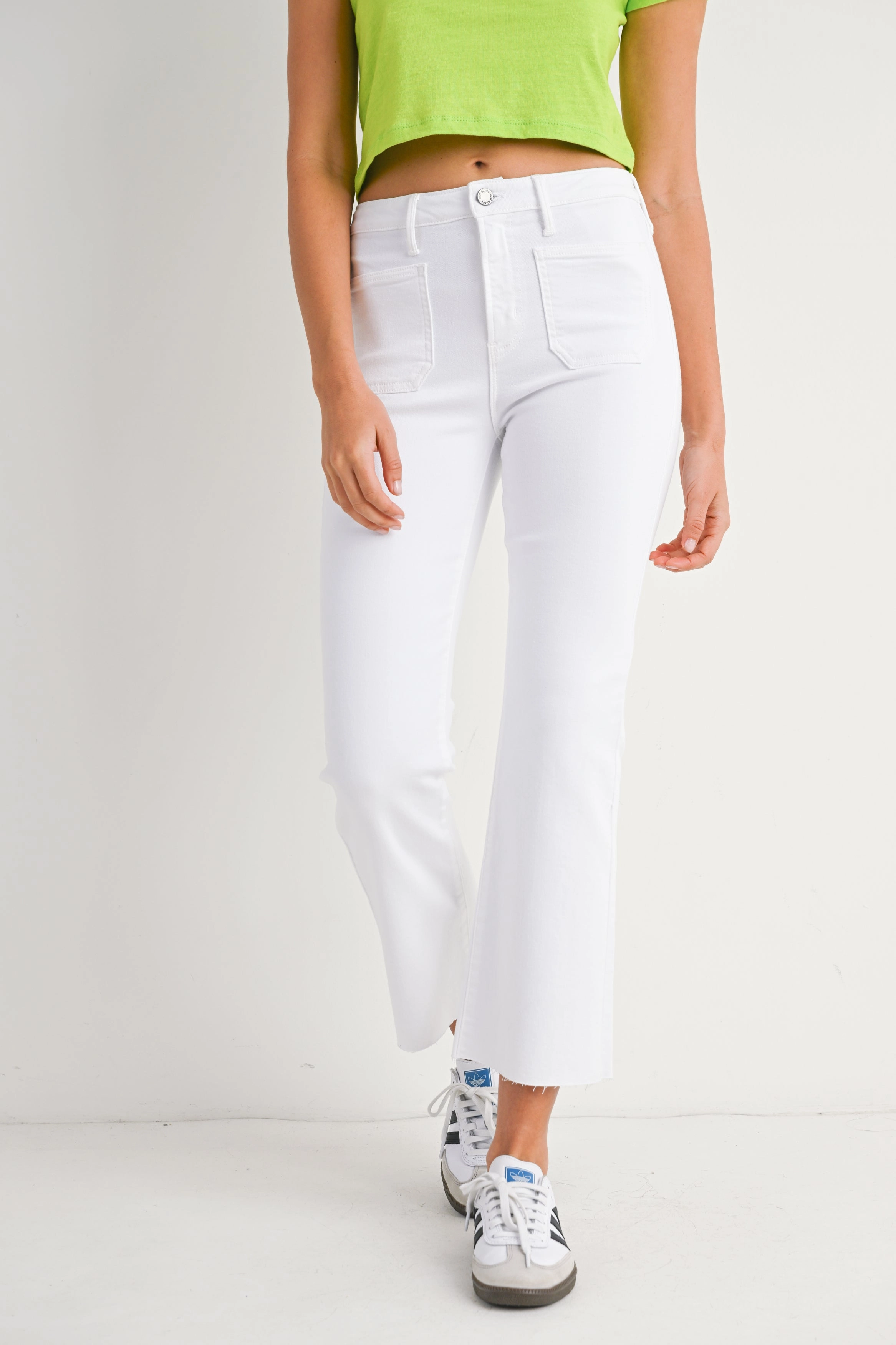 Minimalist Eco Friendly Patch Pocket Cropped Flare Jeans in Optic White