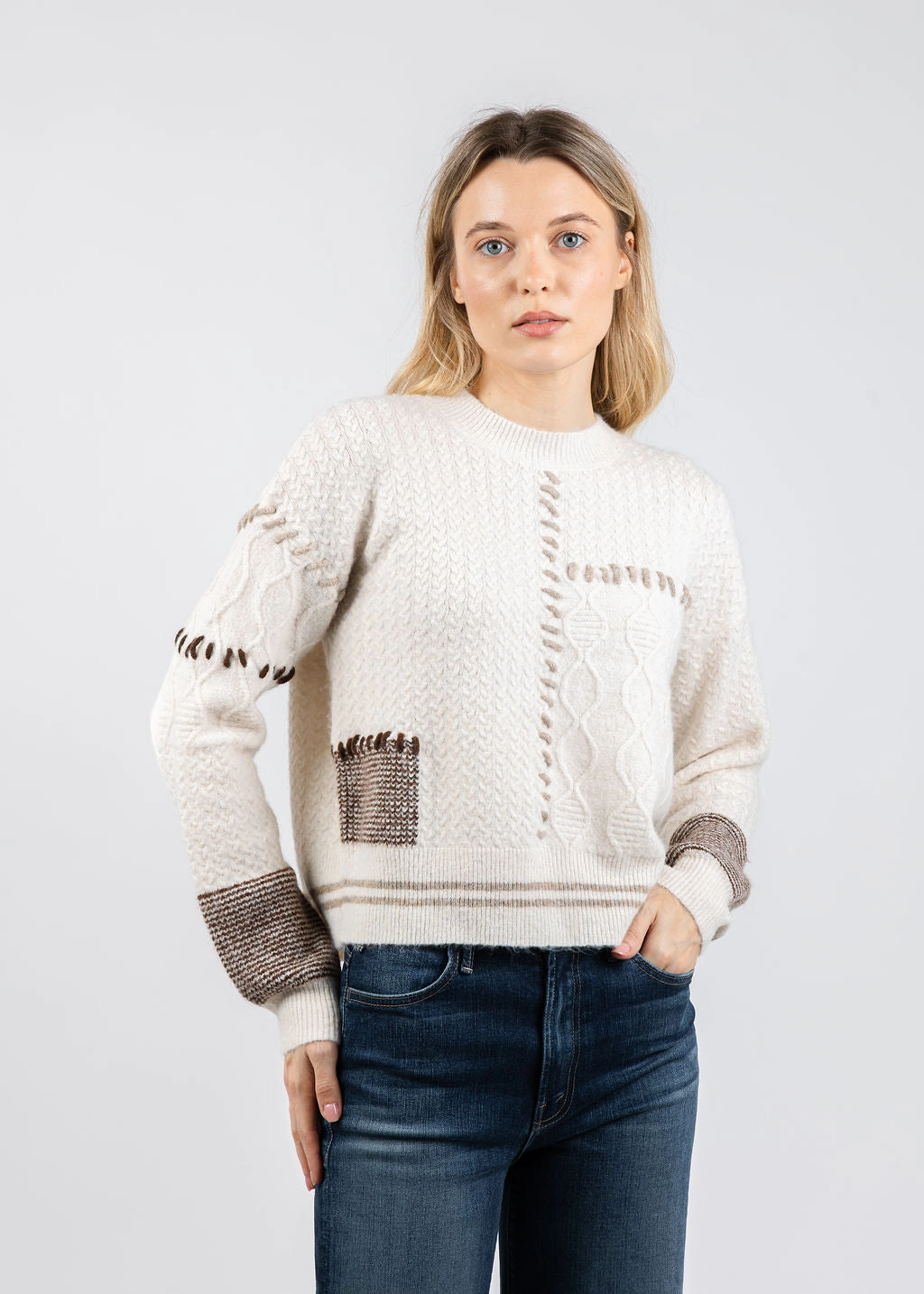Ultimate Warmth Trendy Knitwear Patchwork Cropped Sweater - Ivory Combo