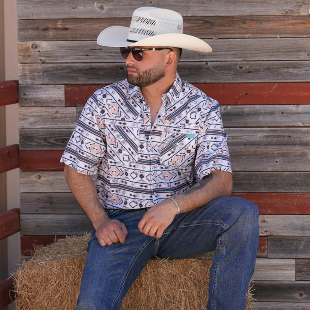 Peach, Grey and Turquoise Aztec Short Sleeve Shirt Comfort First Fit