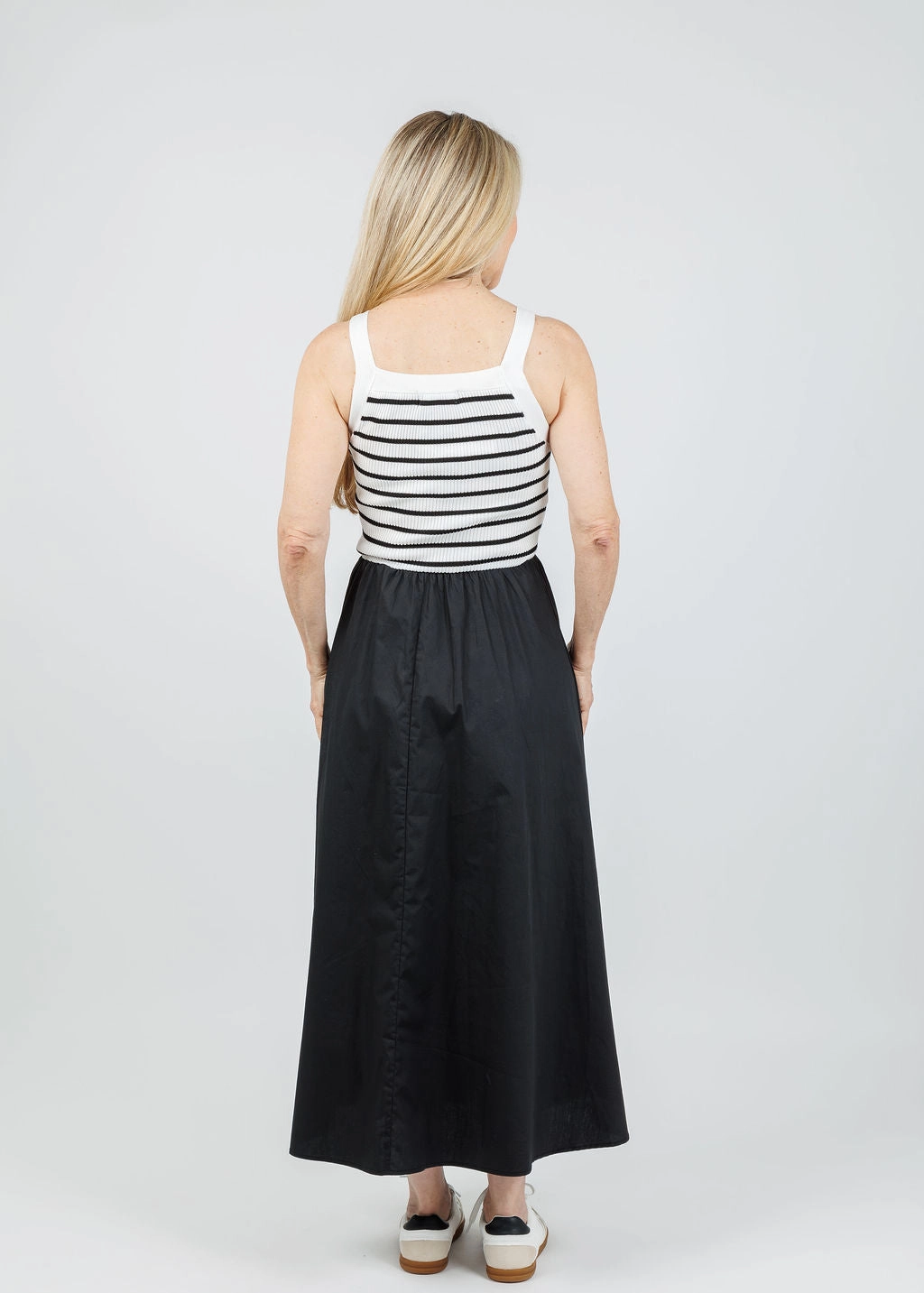 Square Neck Sweater Knit Mix Media Midi Dress - Black Fringe-Detail City Mood