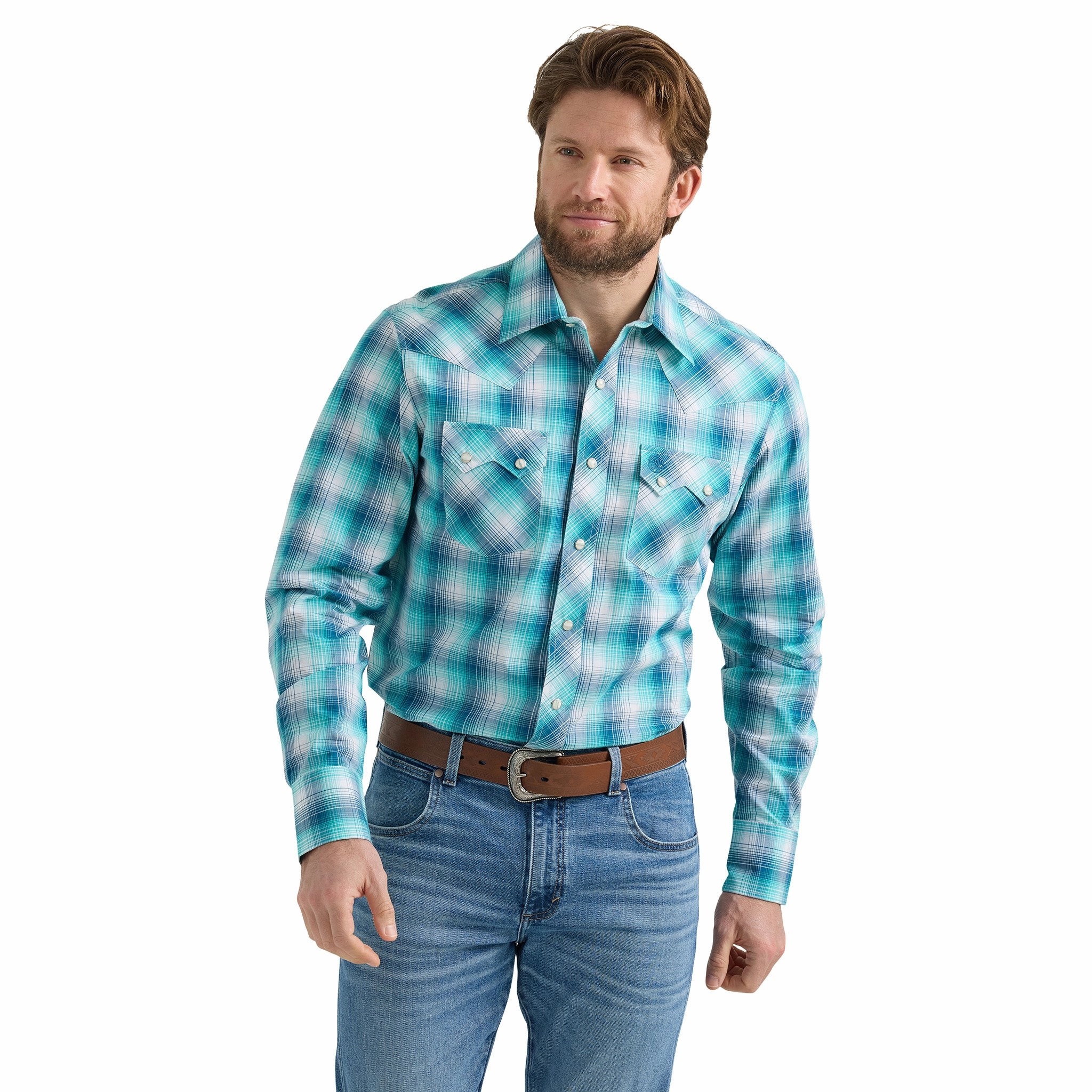 Wrangler Men's Retro Blue and Turquoise Long Sleeve Shirt Casual Vibe stain resistant coating