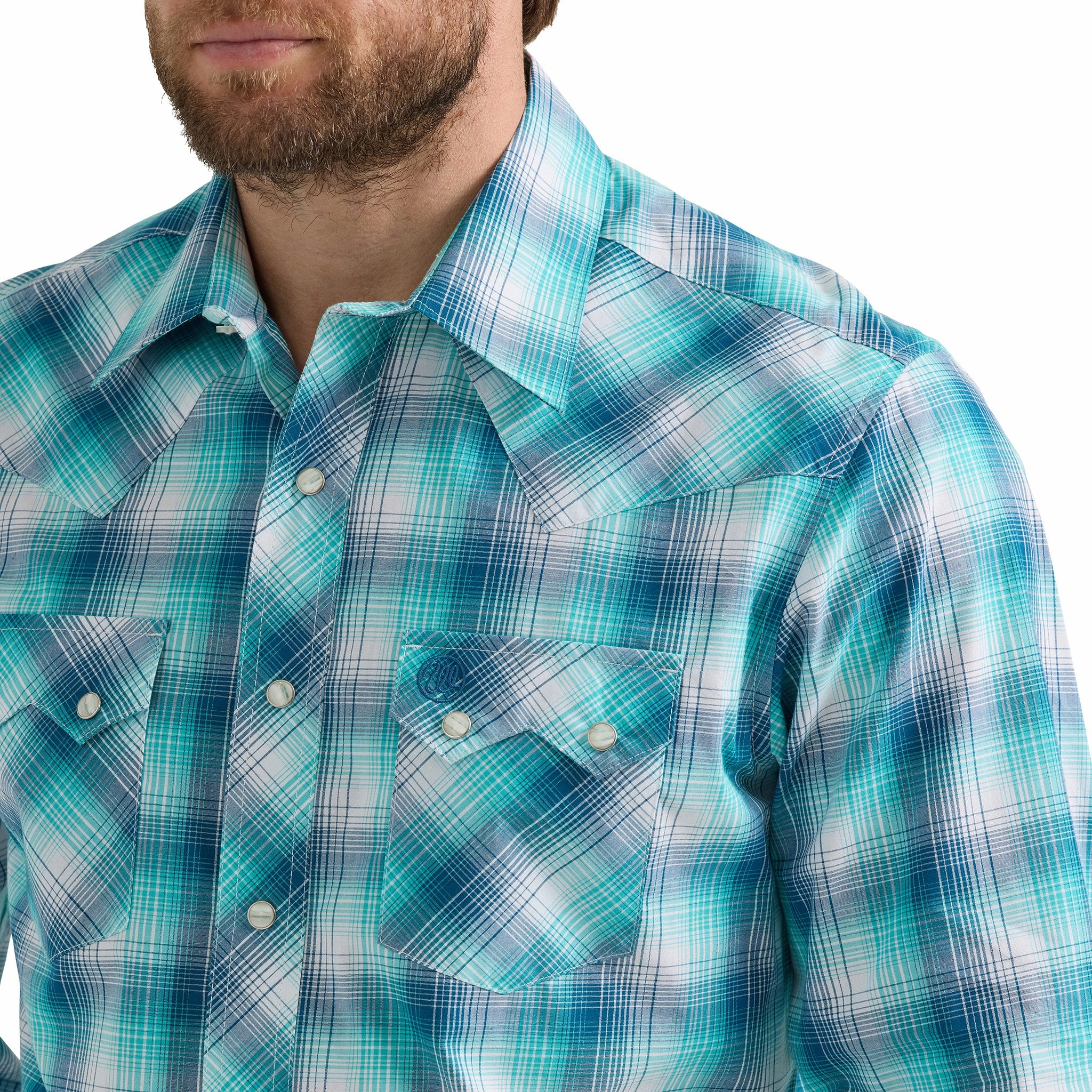 Workwear Essential Wrangler Men's Retro Blue and Turquoise Long Sleeve Shirt