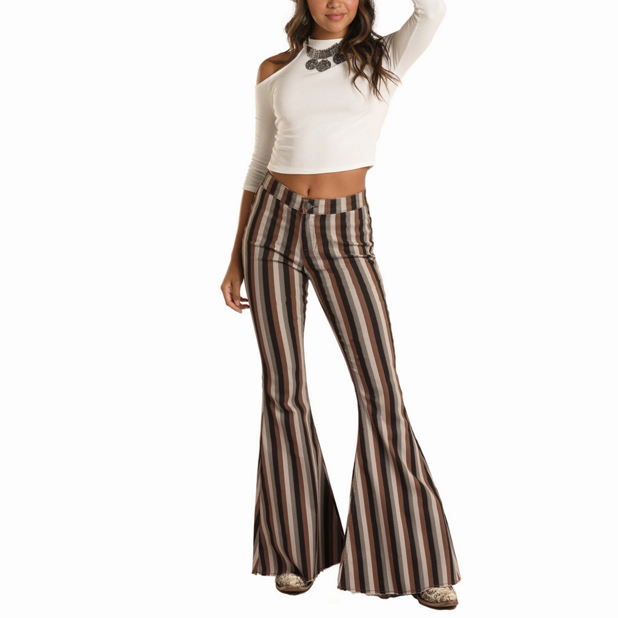 Rock & Roll Brown Multi Striped Stretch Pull-On Bell Bottoms Closet Must Sleek Design