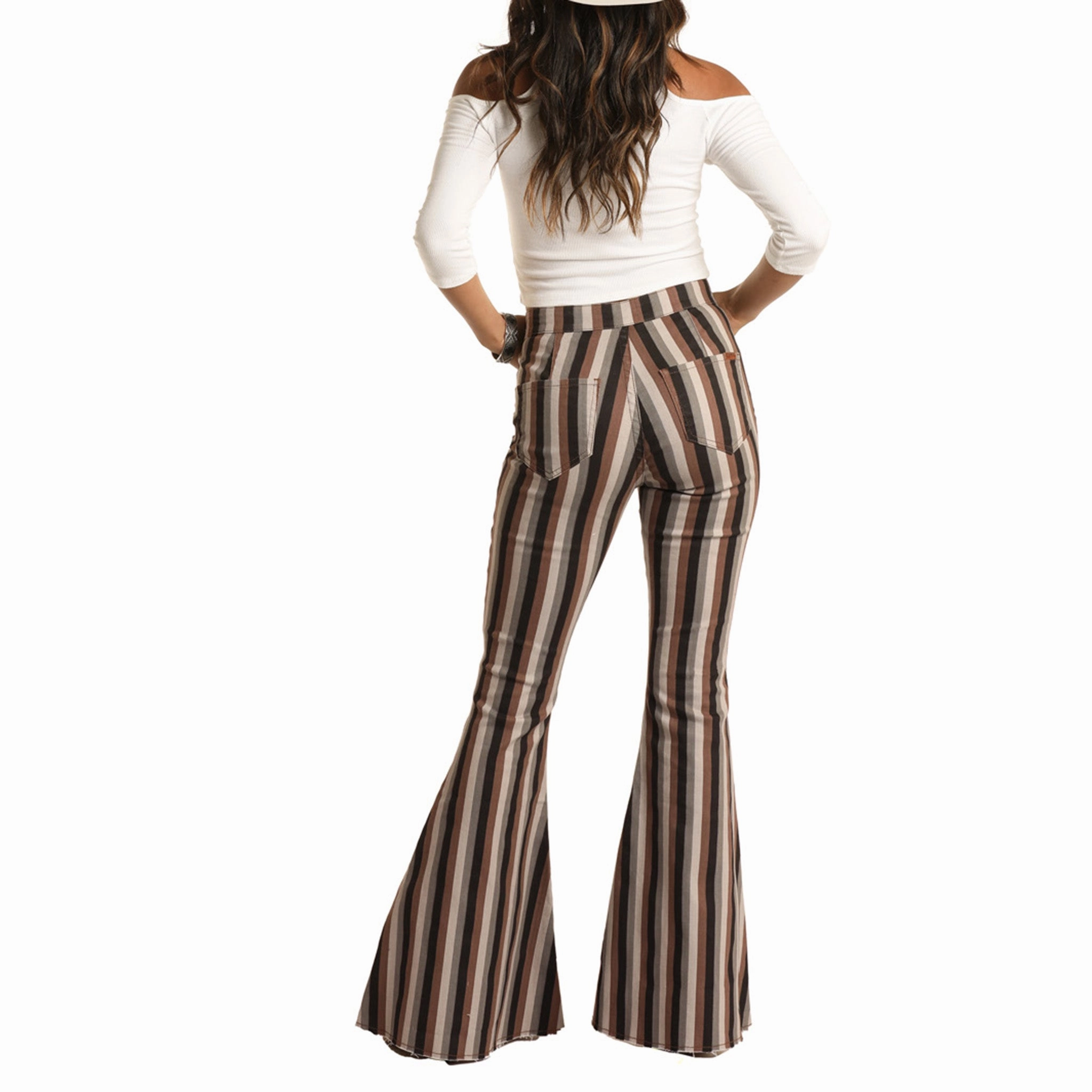 Laser Cut Edges Daily Function Rock & Roll Brown Multi Striped Stretch Pull-On Bell Bottoms