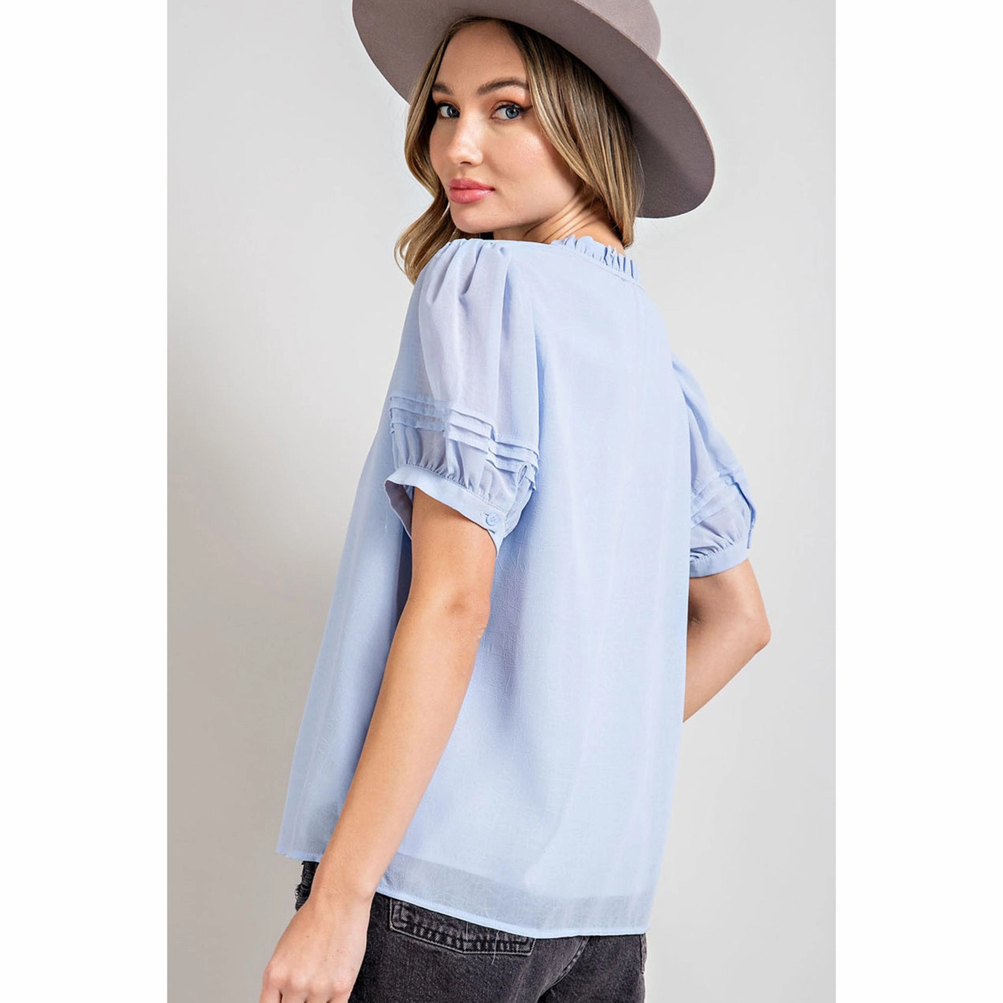 Periwinkle Tie Front Puff Short Sleeved Shirt Odor Resistant Material NonRestrictive