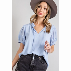Periwinkle Tie Front Puff Short Sleeved Shirt Quick-Dry MoistureControl
