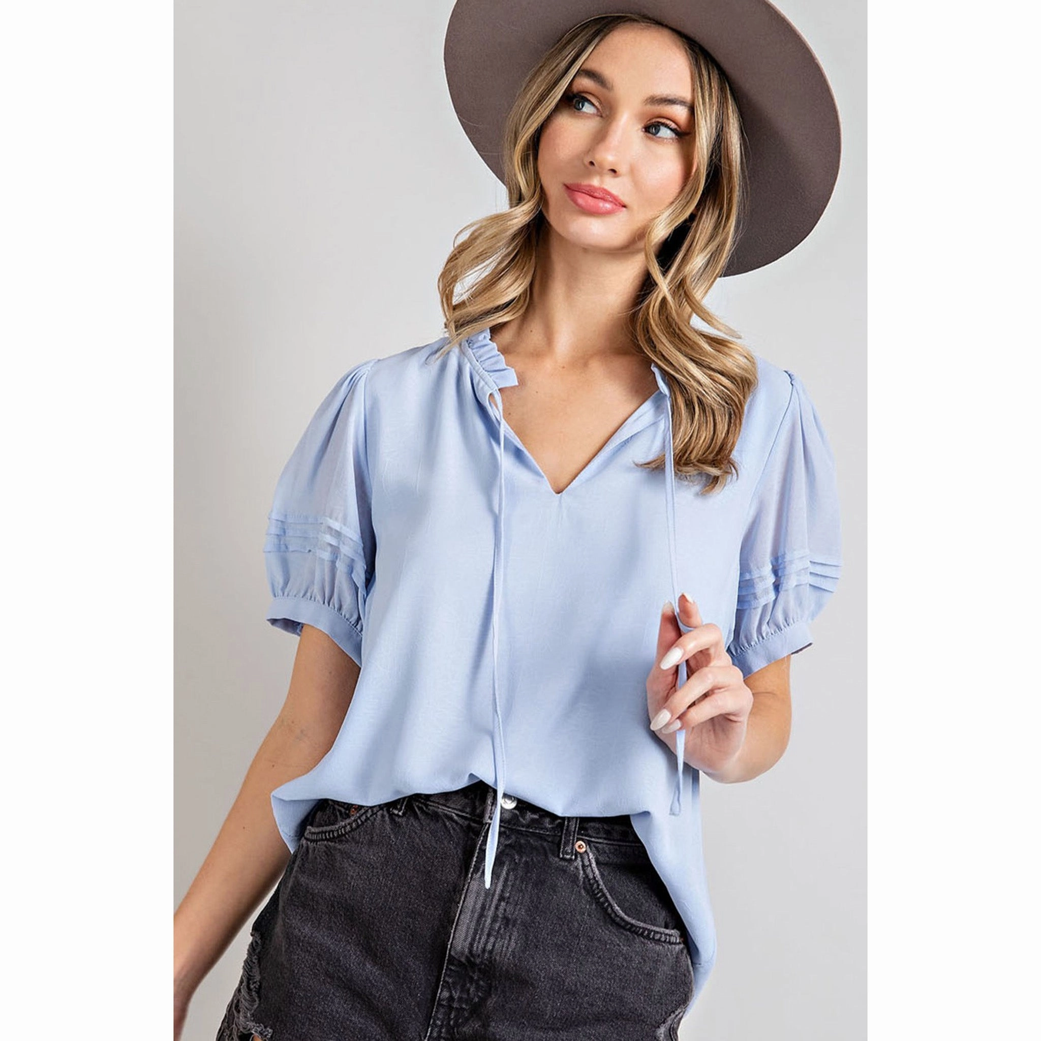Periwinkle Tie Front Puff Short Sleeved Shirt Quick-Dry MoistureControl