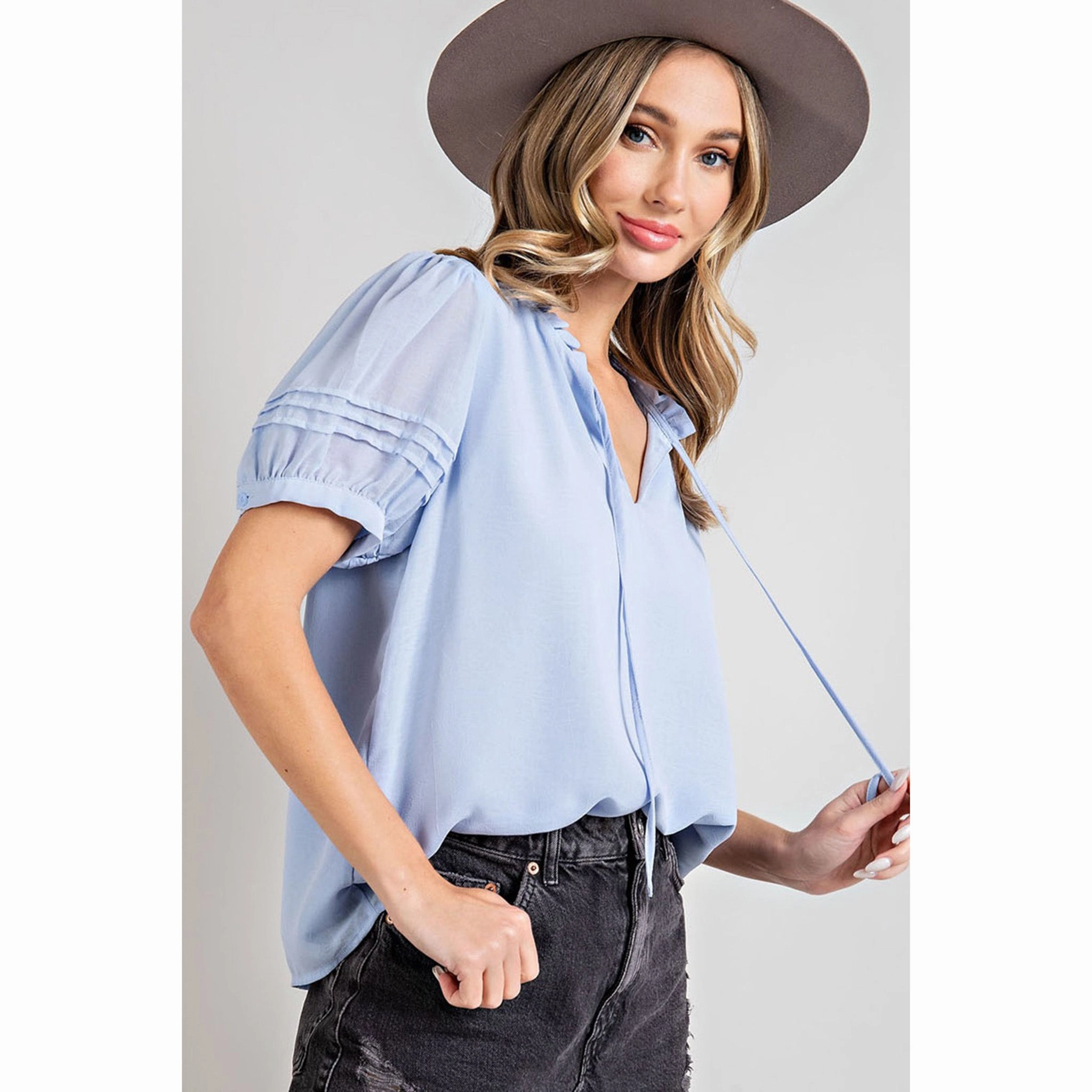 Periwinkle Tie Front Puff Short Sleeved Shirt Reflective Logo Detail Breathable Mesh Back