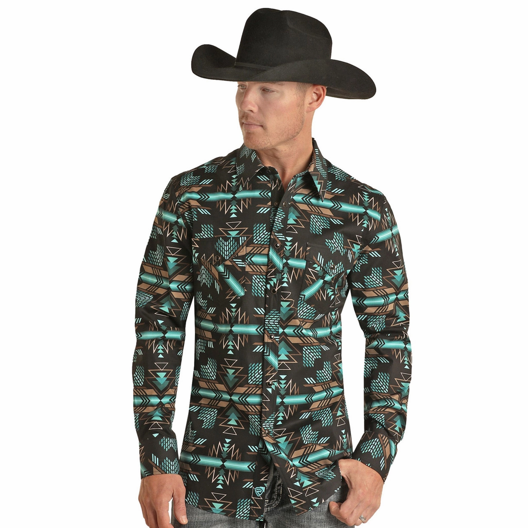 Rock and Roll Denim Men's Black Aztec 2 Pocket Long Sleeve Embroidered Detail