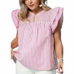 Pink & White Striped Flutter Sleeve Shirt Odor Control Technology