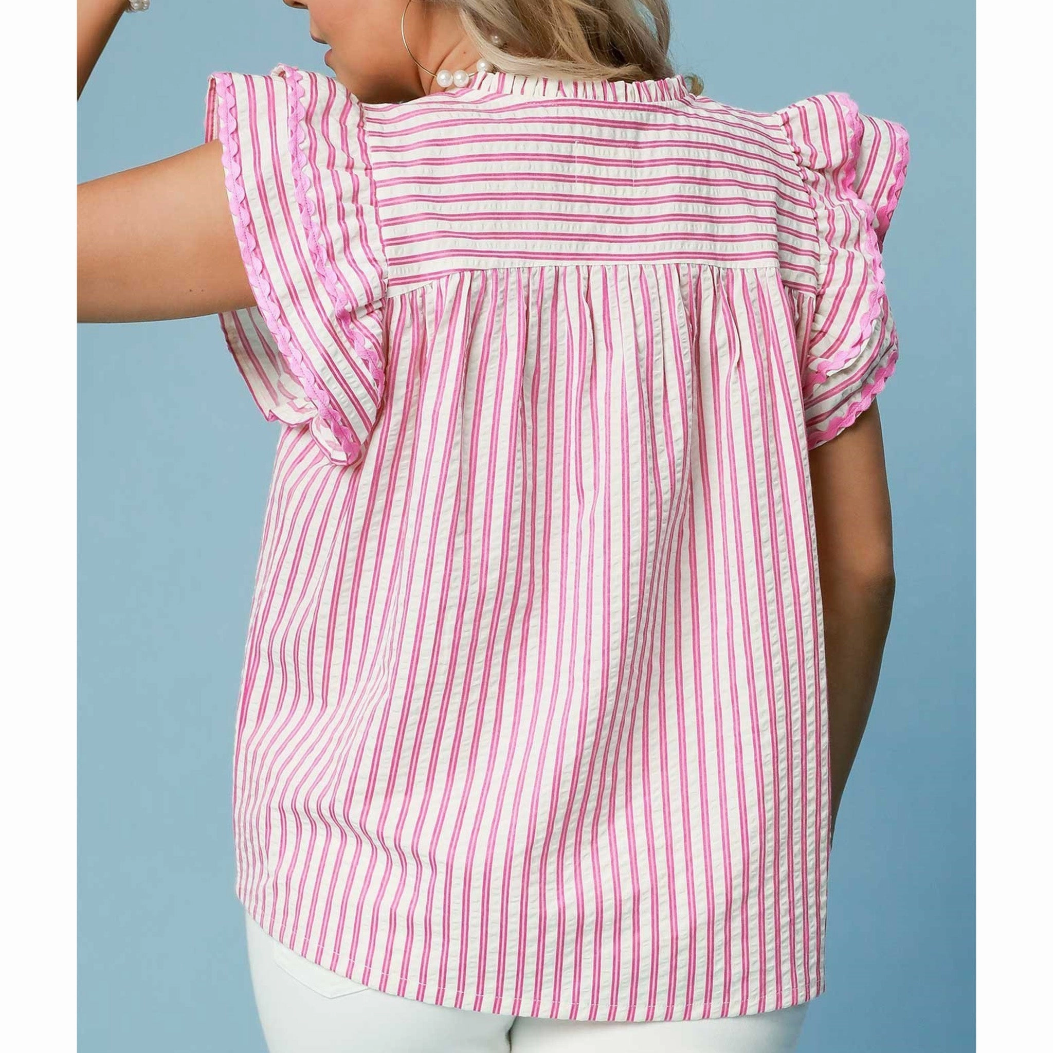 Pink & White Striped Flutter Sleeve Shirt Simple Cut Buttery Soft Feel
