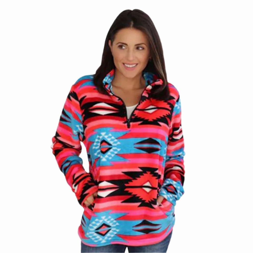 Pink Aztec 1/4 Zip Fleece Jacket Non Chafing Neckline Seamless Edge Finishing