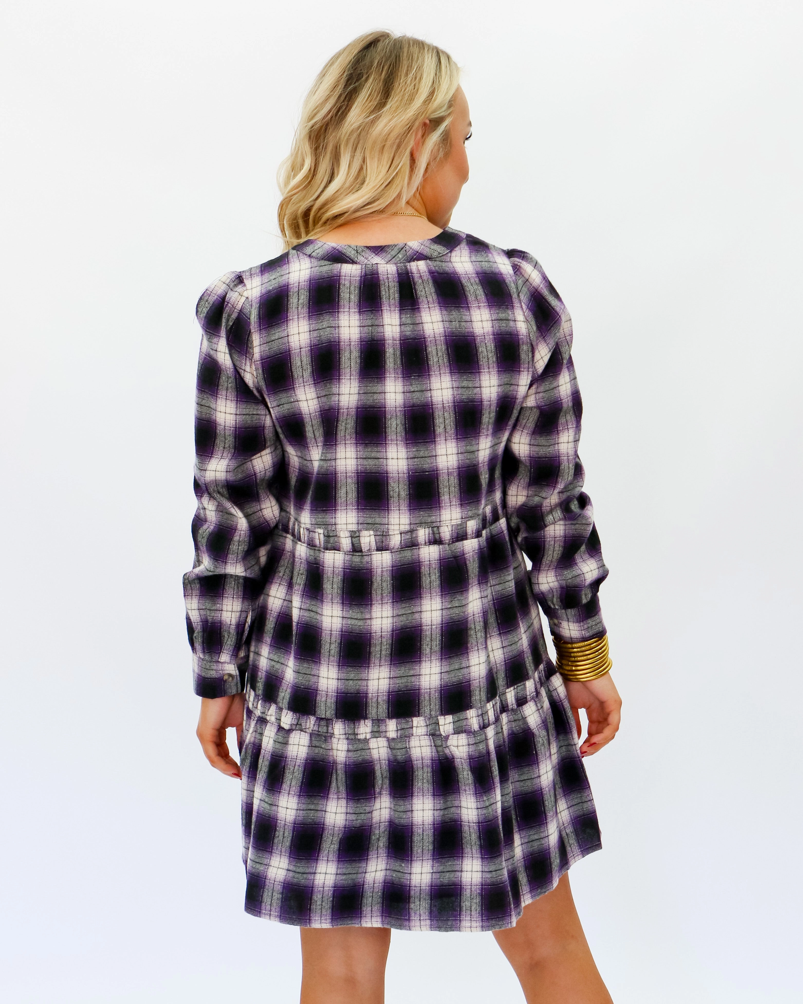 Regular-fit StretchableKnit Plaid Button Down Purple Mini Dress