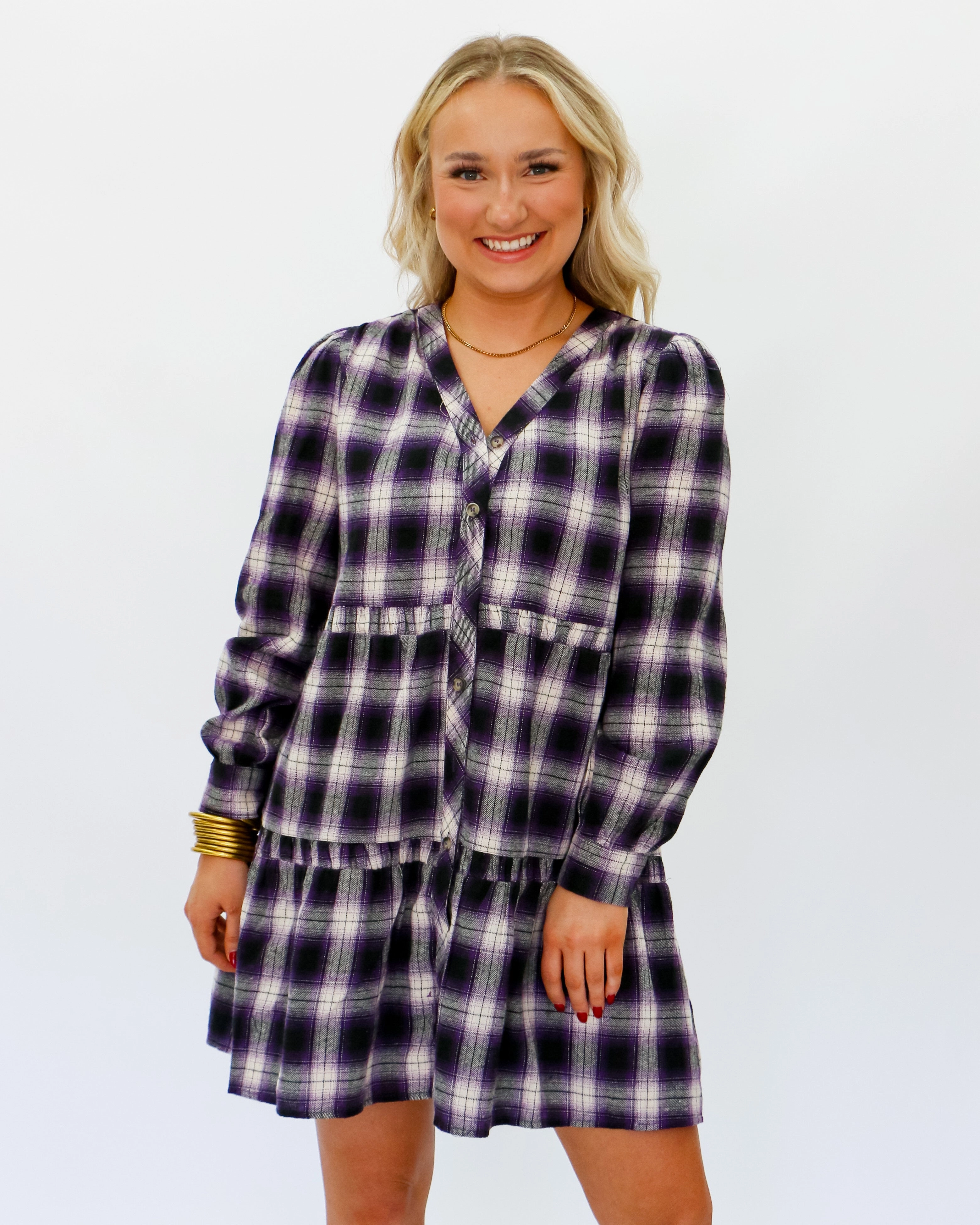 Layering-Piece Bright Mood Plaid Button Down Purple Mini Dress