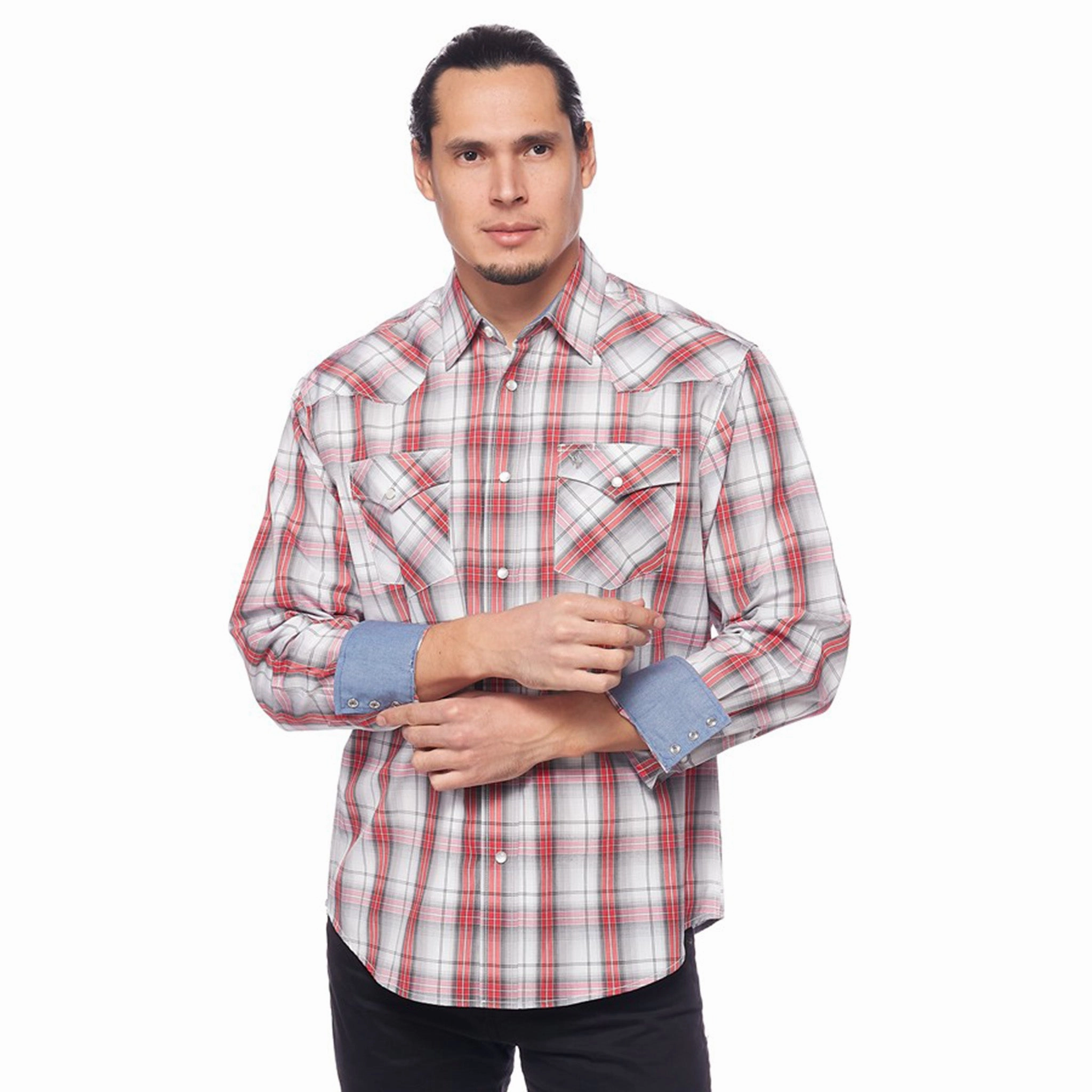 Abrasion resistant Moisture Management Tech Avalon Men's Grey/White/Red Plaid Long Sleeve