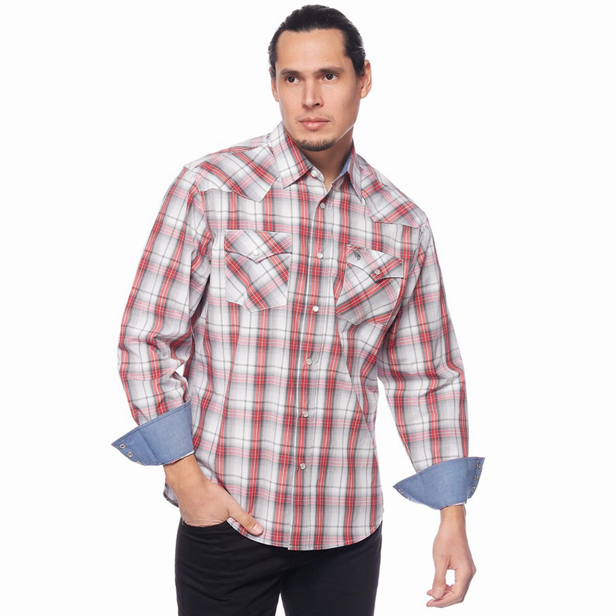 Avalon Men's Grey/White/Red Plaid Long Sleeve bohemian flair Modern Look