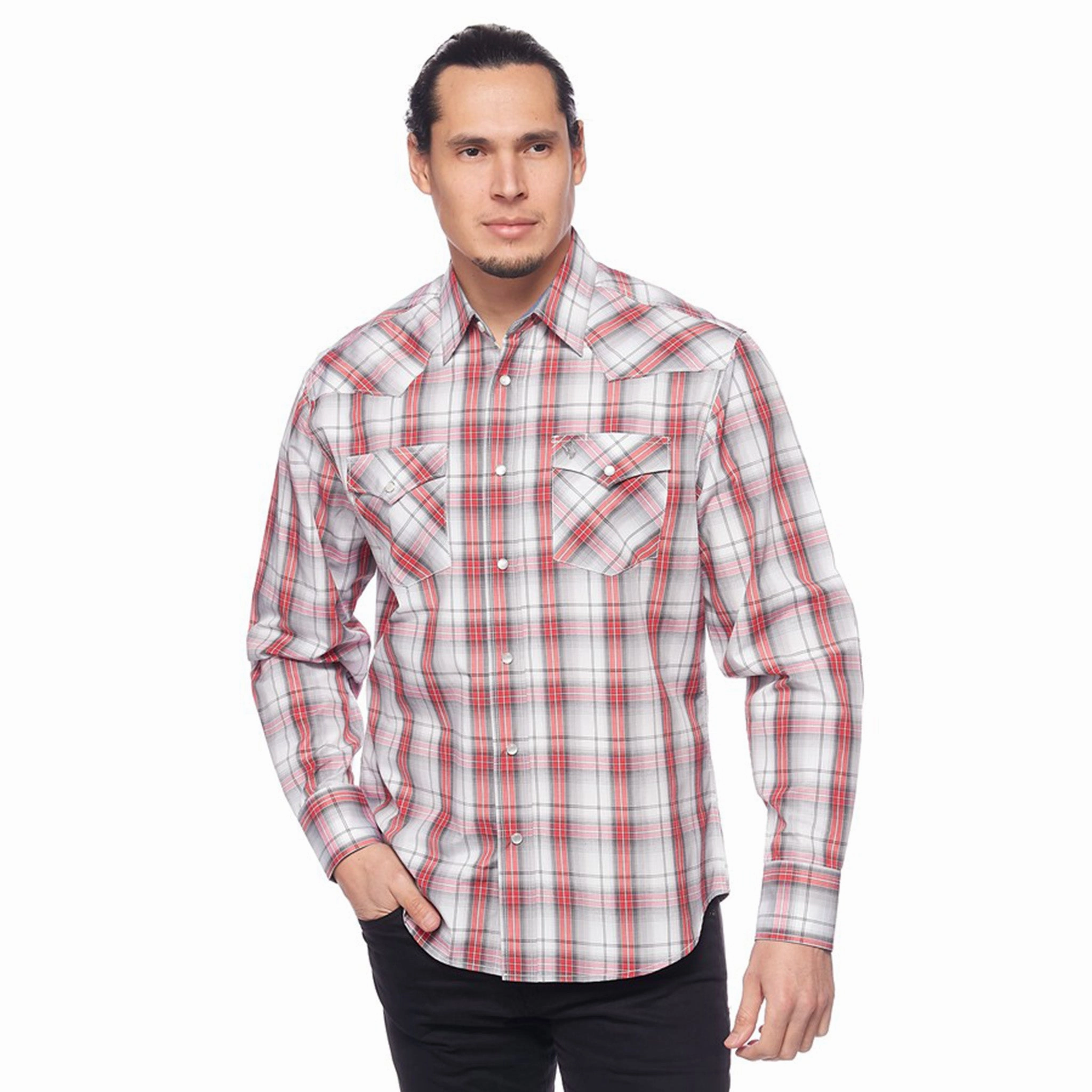 Avalon Men's Grey/White/Red Plaid Long Sleeve Twill Weave
