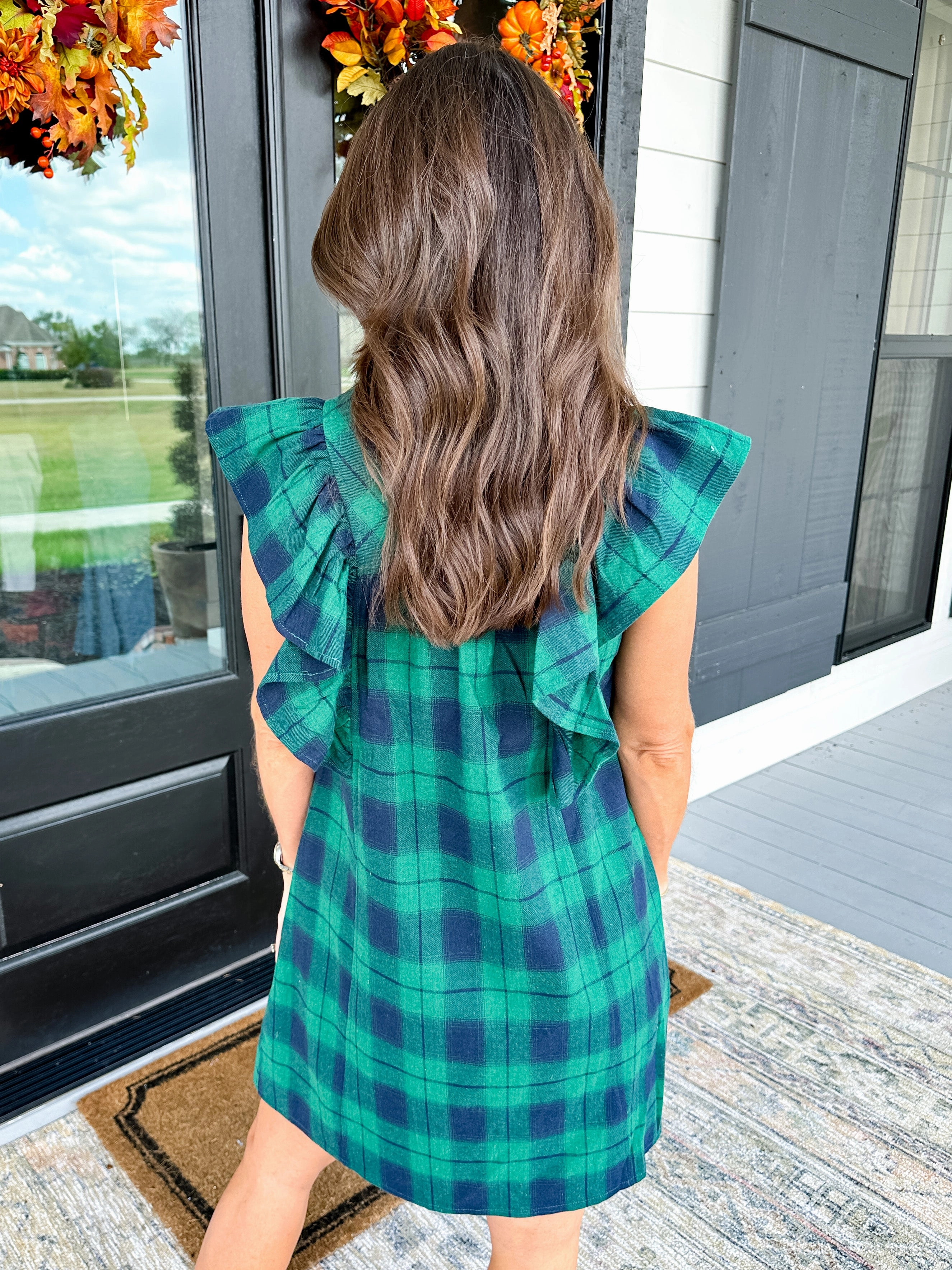 Comfy Flex Gloss Finish Plaid Ruffle Sleeve Mini Dress