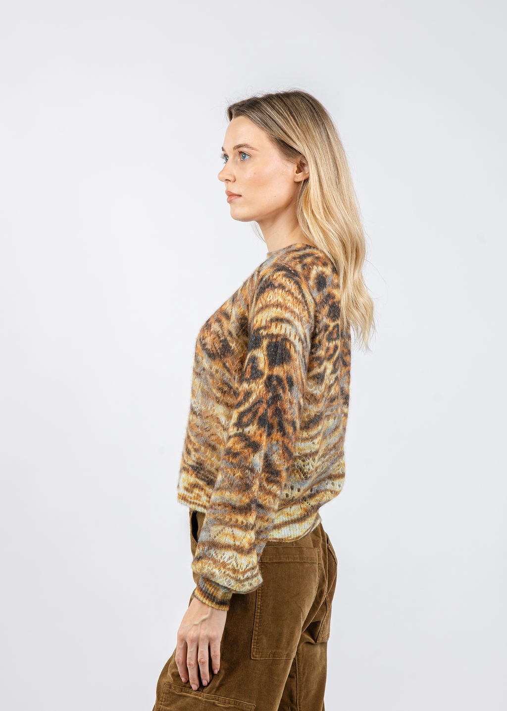 Animal Print Pointelle Crew Sweater - Neutral Combo Comfy Knit Look