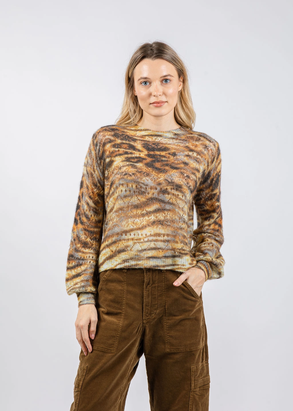 Animal Print Pointelle Crew Sweater - Neutral Combo Comfy Wear