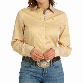 Layered Placket Design Cinch Women's Tencel Stripe Button Down Long Sleeve